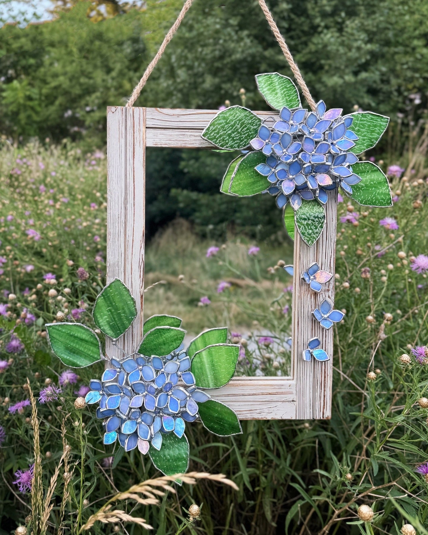 " . Amethyst Blue lavender iridescent Hydrangea Flower Mirror, Stained glass Wedding Wall Decor, Christmas gift, Suncatcher