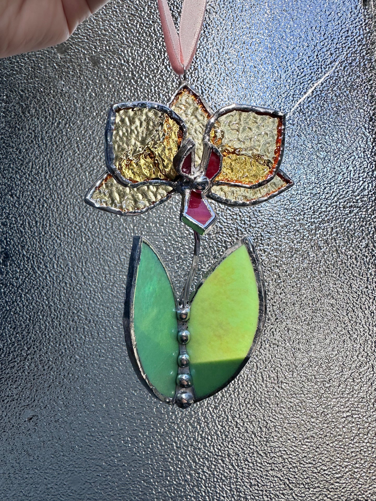 Christmas tree ornaments Orchid with leafs. Mix of 3, 5. Wall window decor, Stained glass Holiday decorations lights