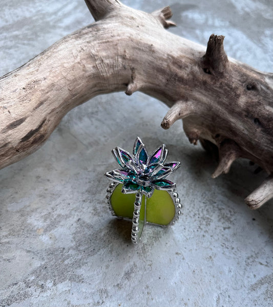 "Cactus turquoise Iridescent M", Stained glass Succulent 3D design, Mother’s Day gift, house plant for flower pot, Sun catcher, glass art