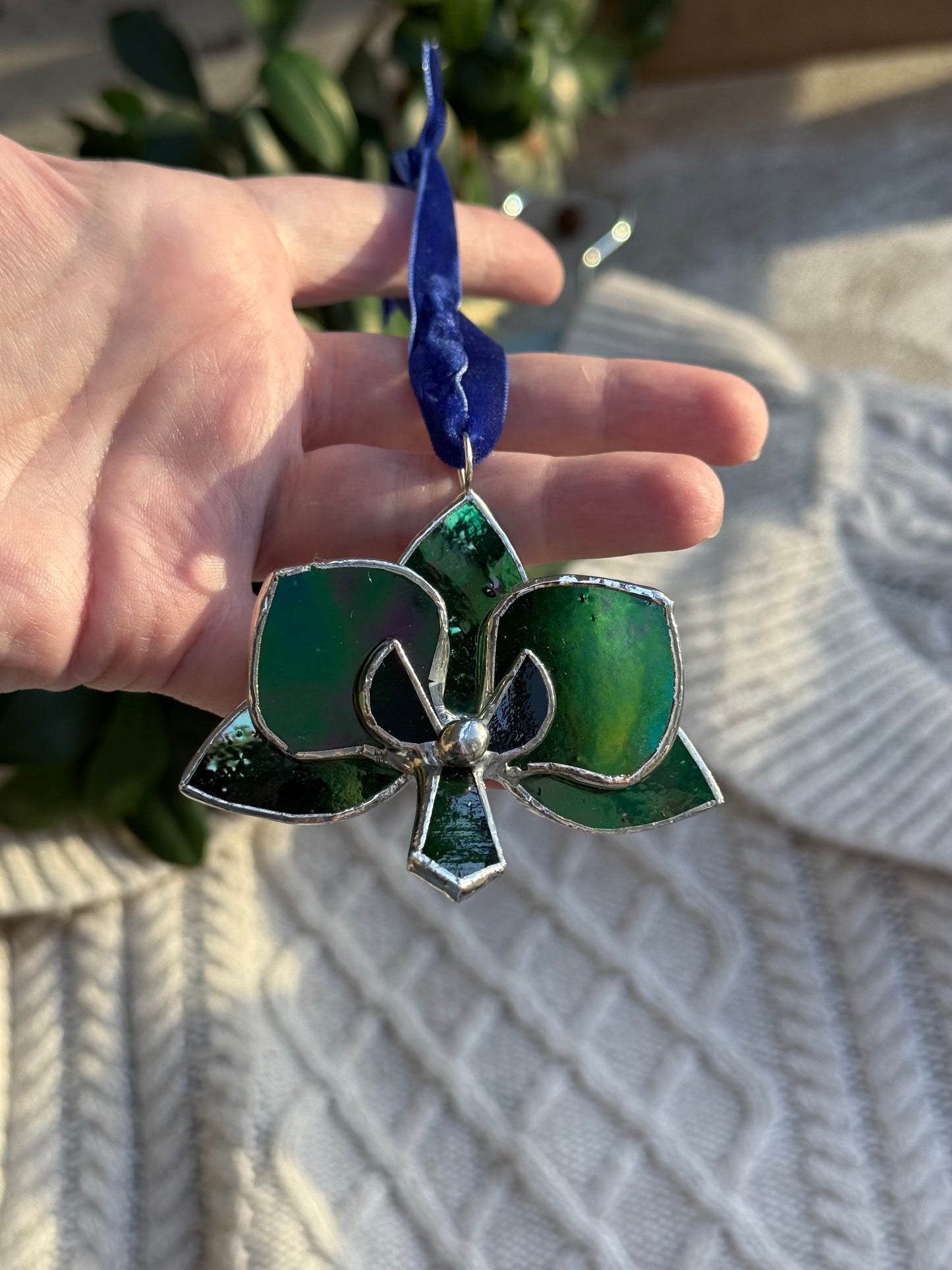 " . Orchid flower Green luminescent, Stained glass Decorative ORNAMENT, Christmas decoration, Suncatcher