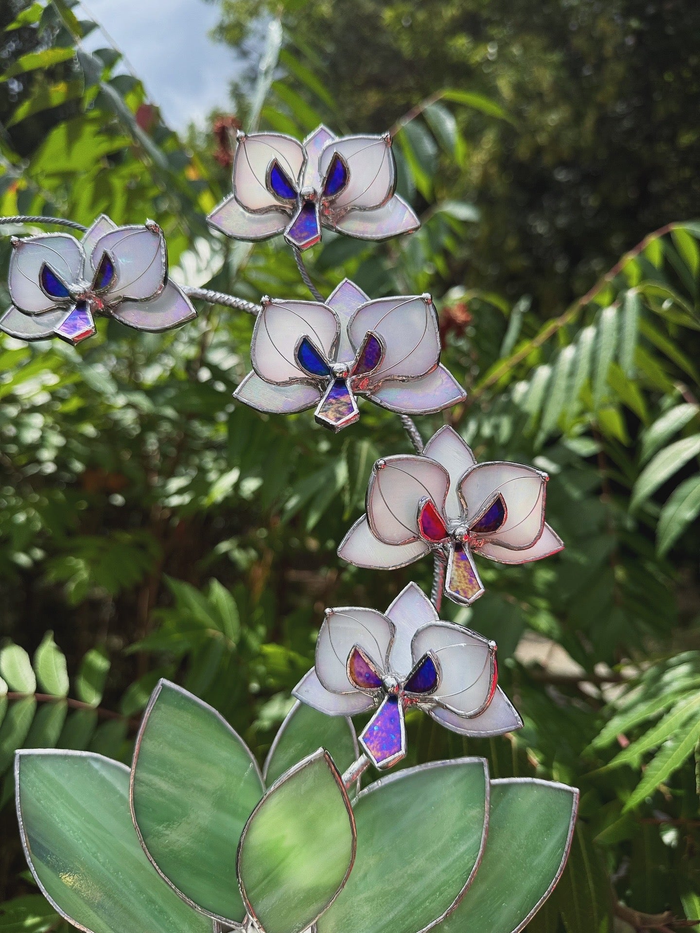 " . Orchid White Pearl iridescent 5 flowers with pot” Stained glass tropical flower 3D, Sun catcher, Table plant decor, Garden stick, Outdoor and gardening decor