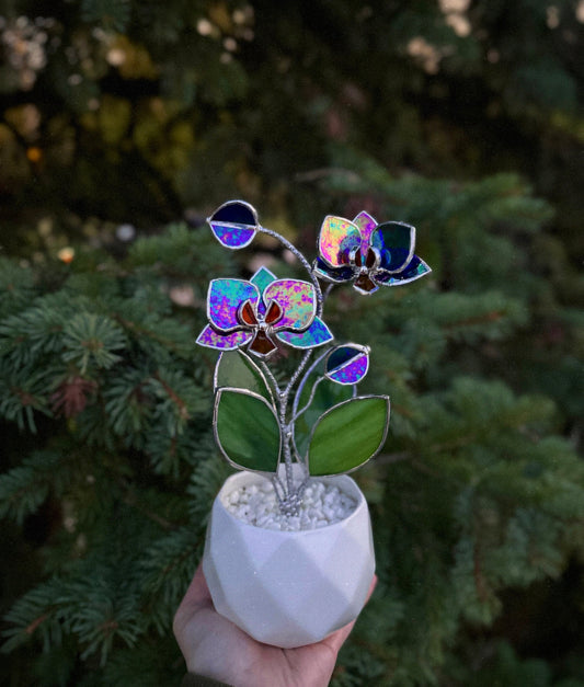 " . Amethyst Indigo iridescent Orchid 2 flowers with pot” Stained glass tropical flower 3D, Sun catcher, Table plant decor, Garden stick, Outdoor and gardening decor