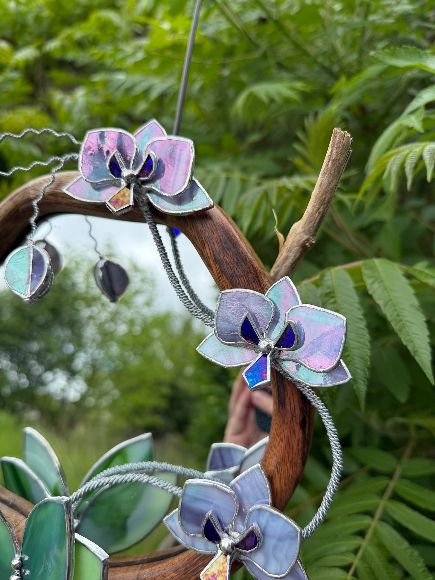 " . Amethyst & Lilac luminescent Orchid Mirror”, Stained glass flower Wall decor, Suncatcher, Home wedding Decor, Christmas gift available new