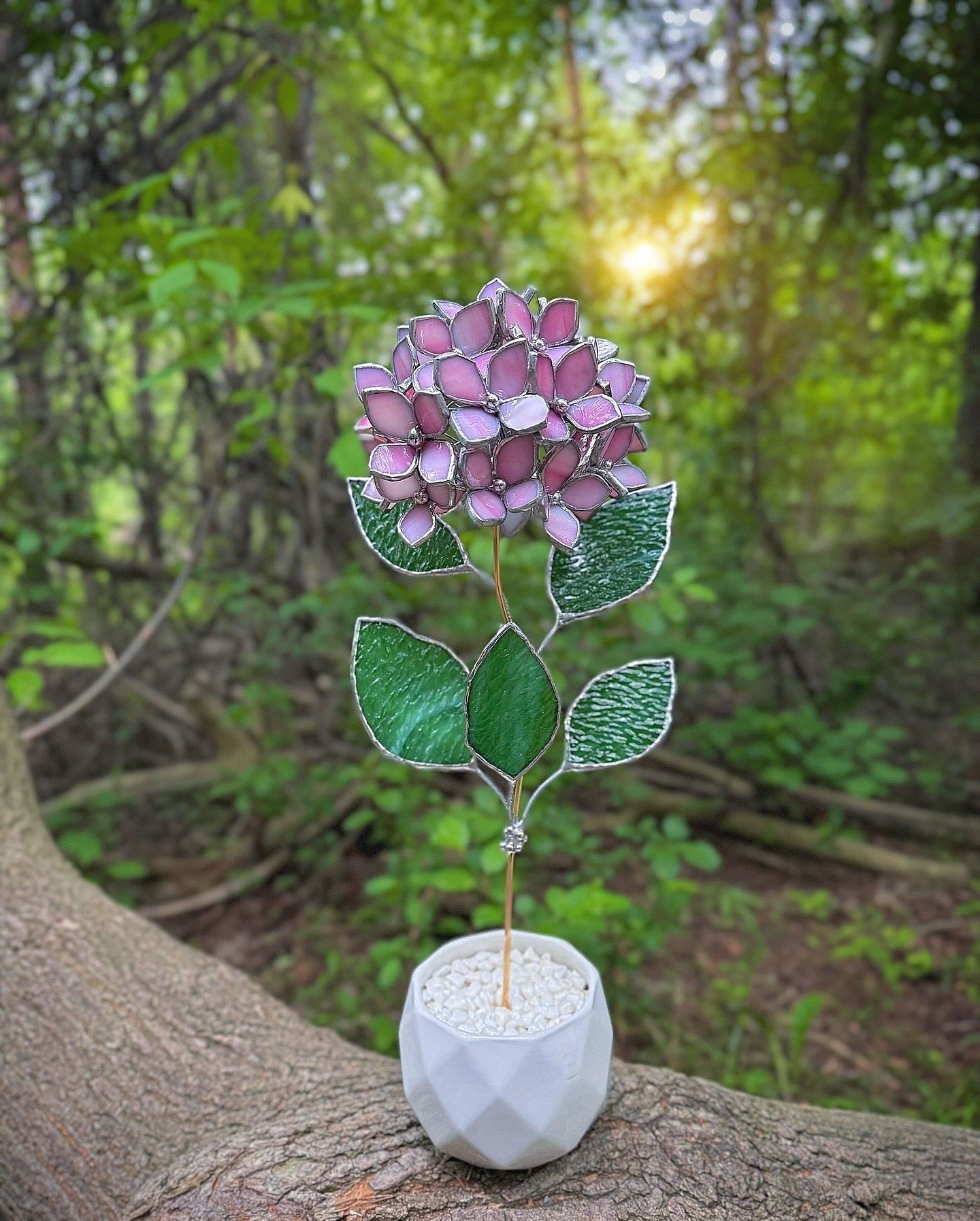 " . CHOOSE COLOR Hydrangea with pot”, Stained glass tropical flower 3D, Sun catcher, Table plant, Garden stick, Outdoor and gardening decor