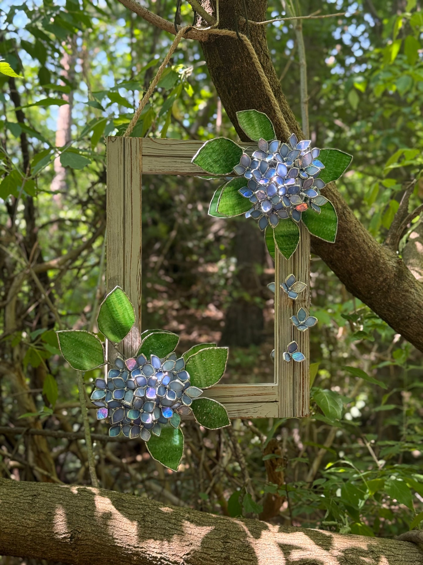 " . Amethyst Blue lavender iridescent Hydrangea Flower Mirror, Stained glass Wedding Wall Decor, Christmas gift, Suncatcher