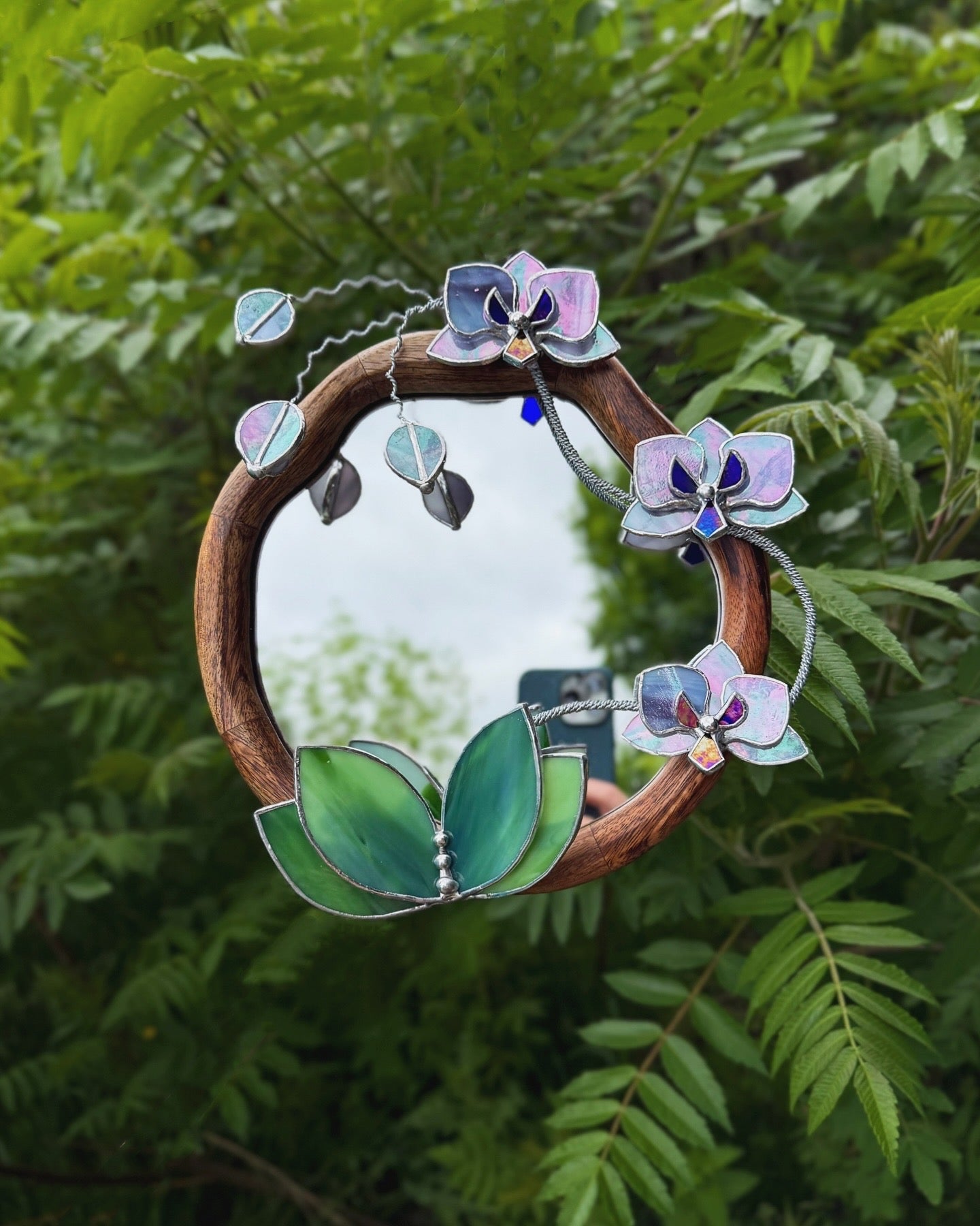 " . Amethyst & Lilac luminescent Orchid Mirror”, Stained glass flower Wall decor, Suncatcher, Home wedding Decor, Christmas gift available new