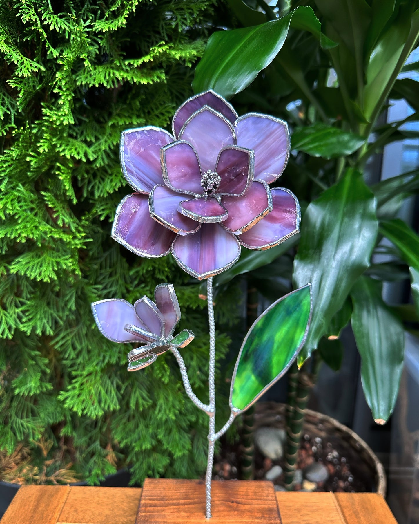 ". Magnolia Pink-Purple flower with a bud" Stained glass tropical 3D, Sun catcher, Table plant decor, Garden stake, wedding decor, Christmas gift, pot