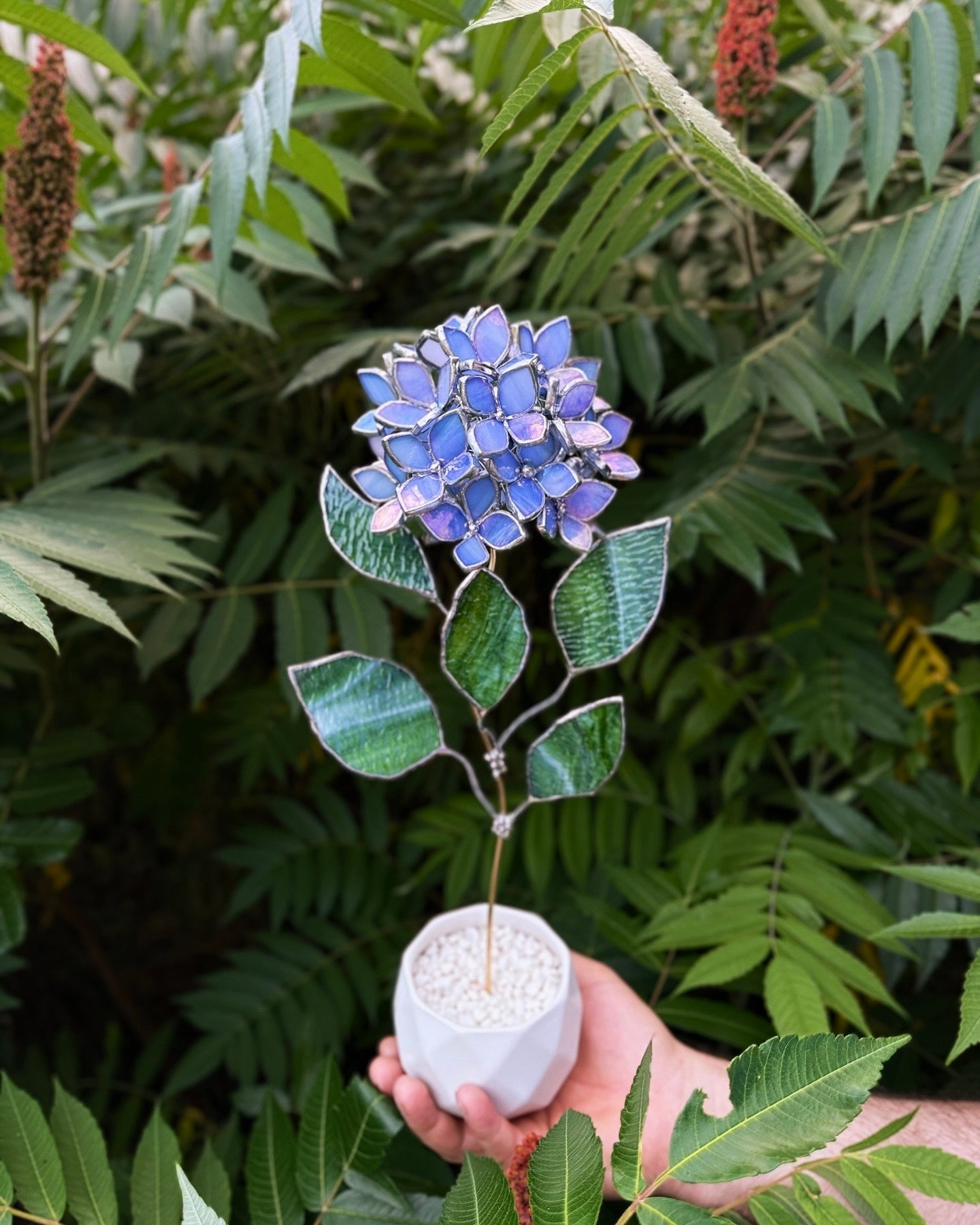 " . CHOOSE COLOR Hydrangea with pot”, Stained glass tropical flower 3D, Sun catcher, Table plant, Garden stick, Outdoor and gardening decor