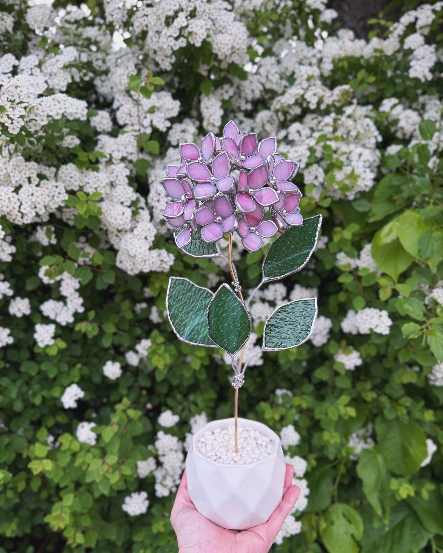 " .  CHOOSE COLOR Hydrangea with pot”, Stained glass tropical flower 3D, Sun catcher, Table plant, Garden stick, Outdoor and gardening decor