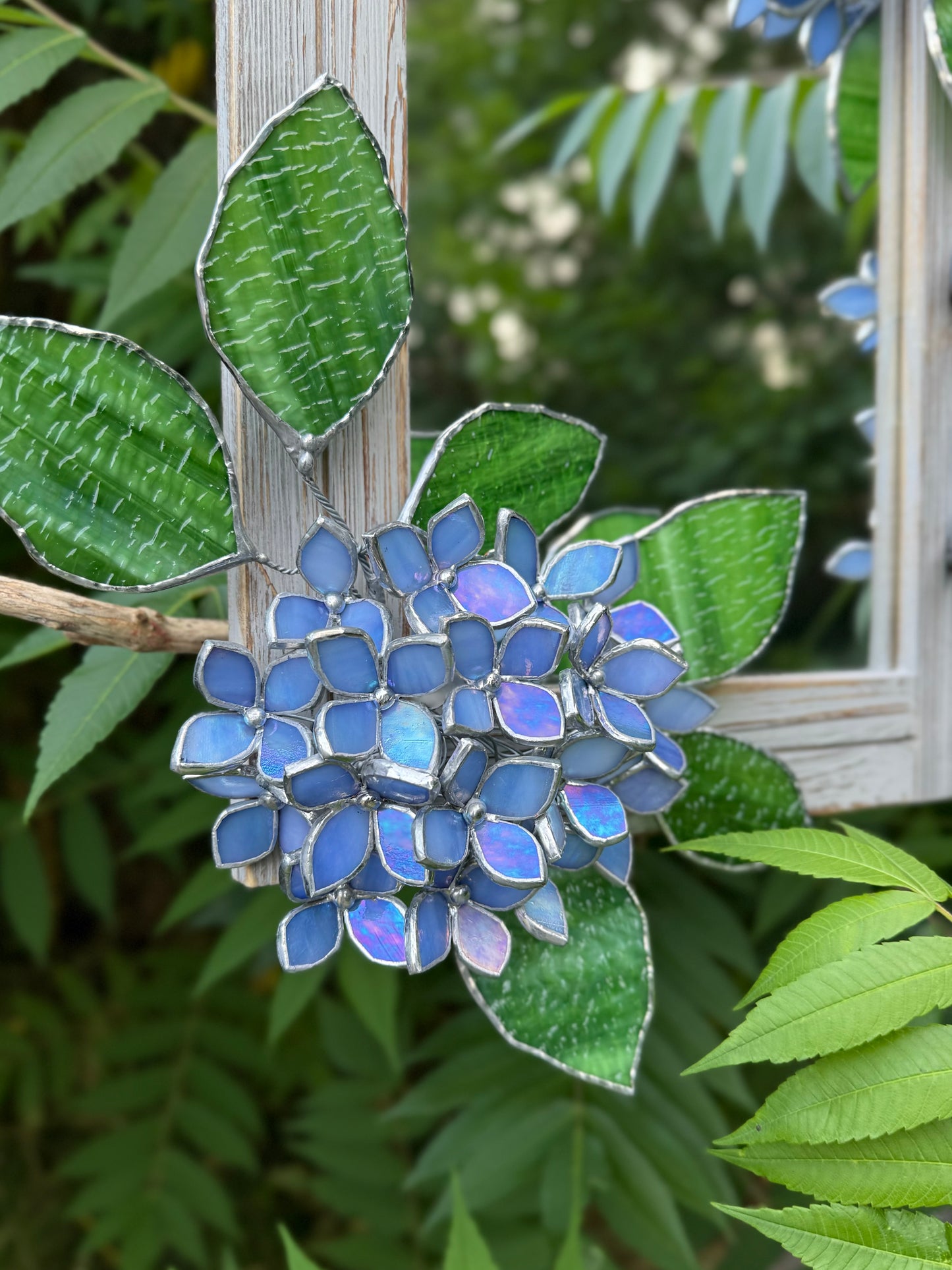 " . Amethyst Blue lavender iridescent Hydrangea Flower Mirror, Stained glass Wedding Wall Decor, Christmas gift, Suncatcher