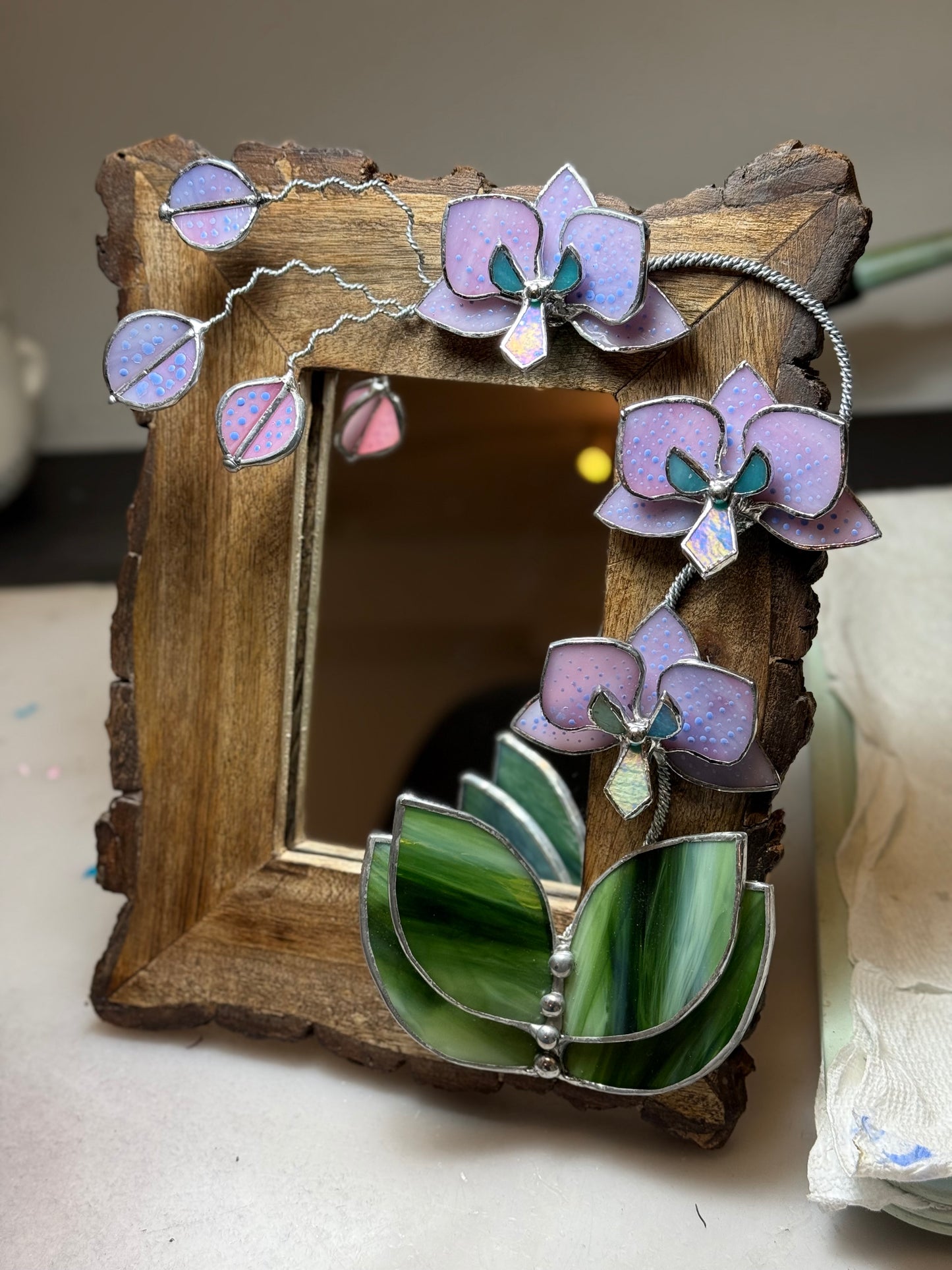 " . Dusty Pink with pattern Orchid Mirror”, Stained glass flower Wall window table decor, Suncatcher, Home wedding Decor, Christmas gift, available sale