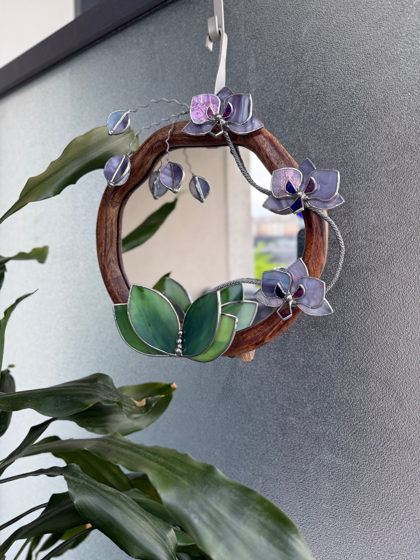 " . Amethyst & Lilac luminescent Orchid Mirror”, Stained glass flower Wall decor, Suncatcher, Home wedding Decor, Christmas gift available new