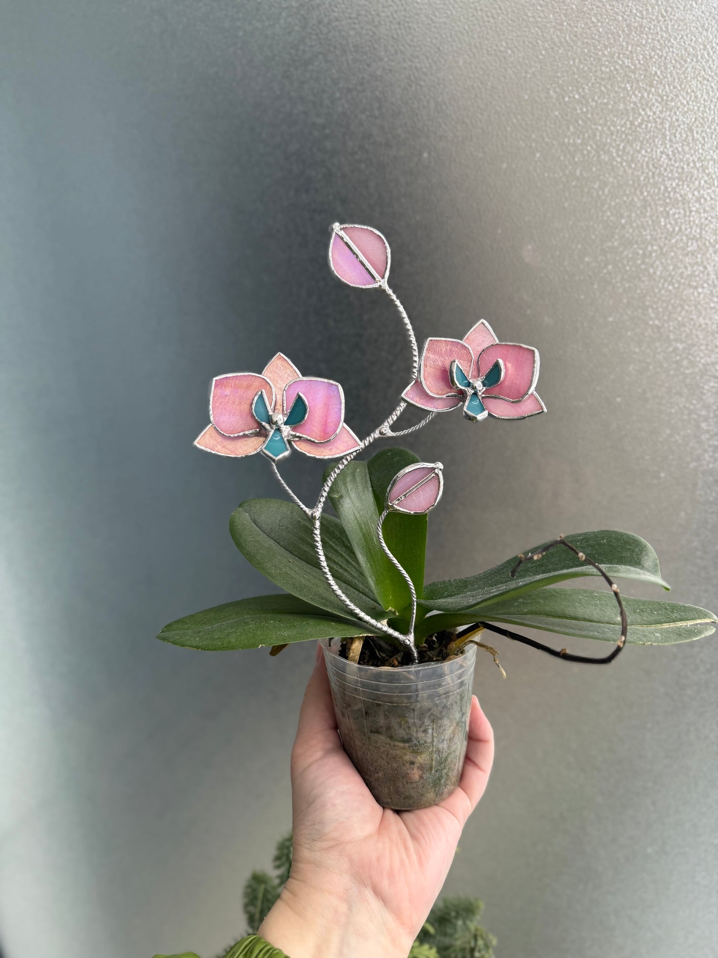 " . Bright Pink iridescent Orchid flower stick, Plant stake 2 flowers no pot” Stained glass decor