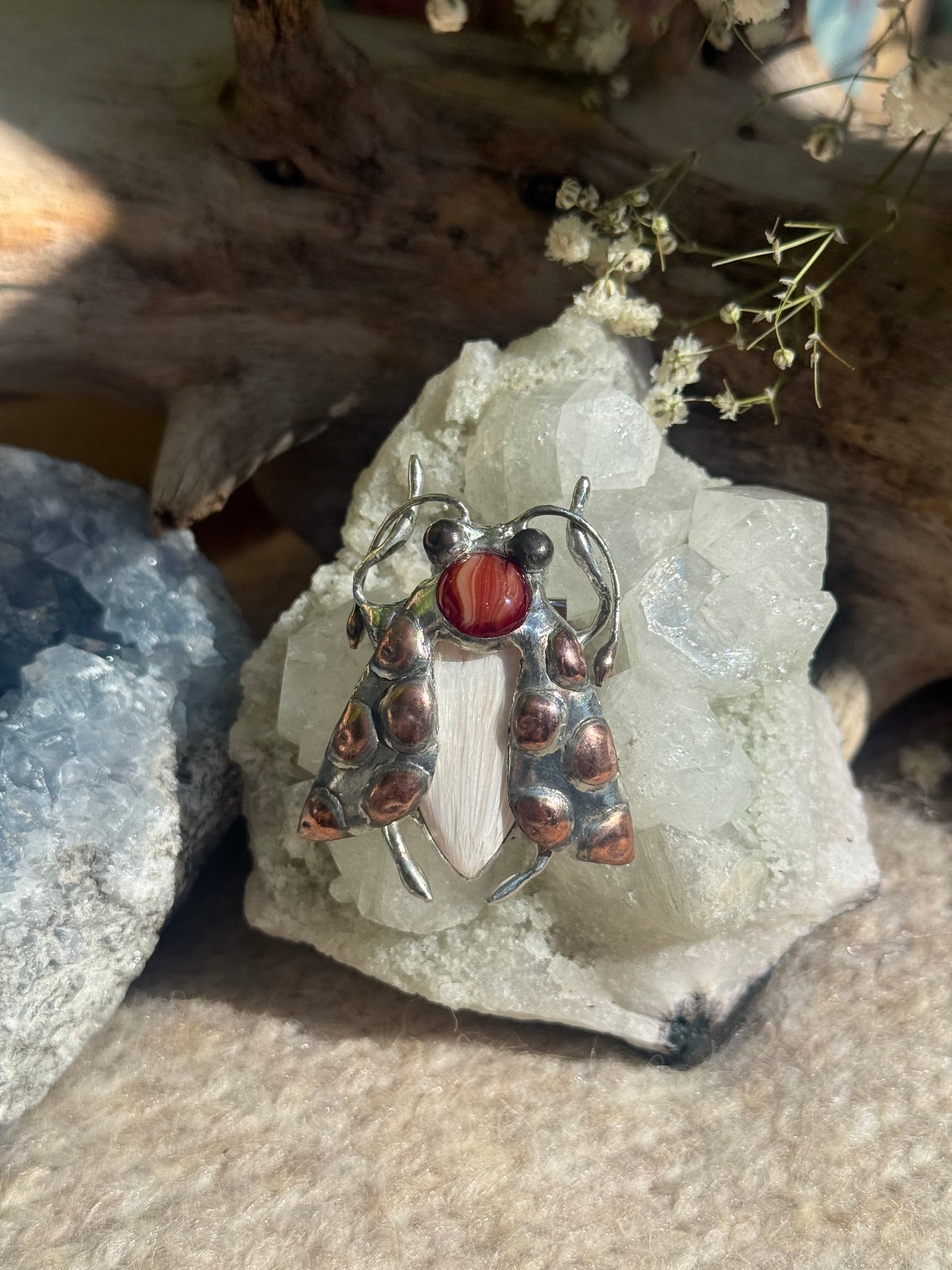 Brooch Tiger Moth with Palm Stone & Fused Glass, Gemstone Jewelry stone new