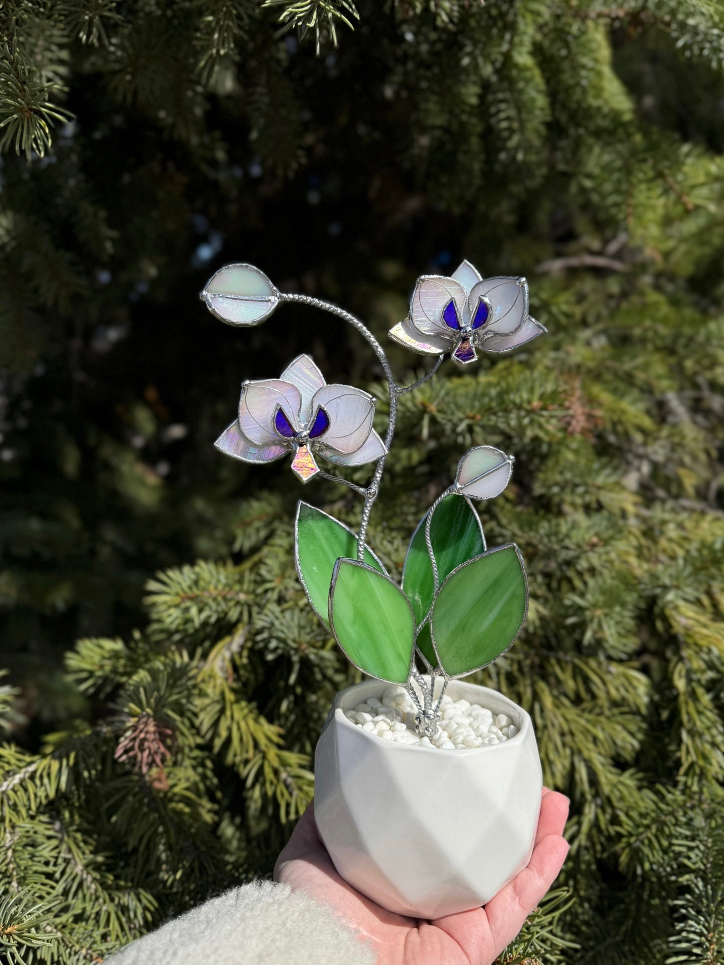 " . Orchid White Pearl iridescent, 2 flowers with pot” Stained glass tropical flower 3D, Sun catcher, Table plant decor, Garden stick, Outdoor and gardening decor
