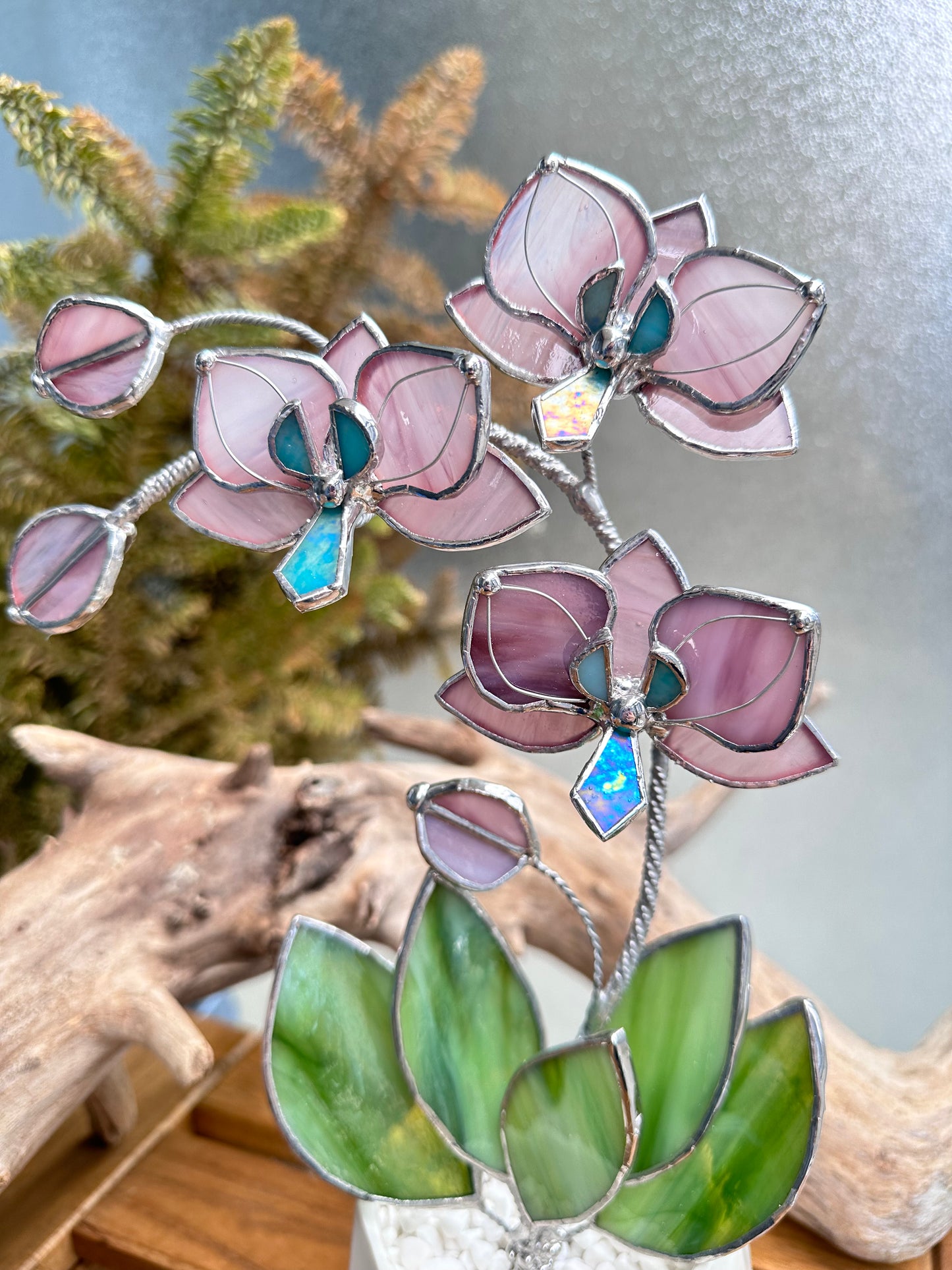 " . Dusty Rose translucent Orchid 3 flowers with pot” Stained glass tropical flower 3D, Sun catcher, Table plant, Garden stick, Outdoor and gardening decor