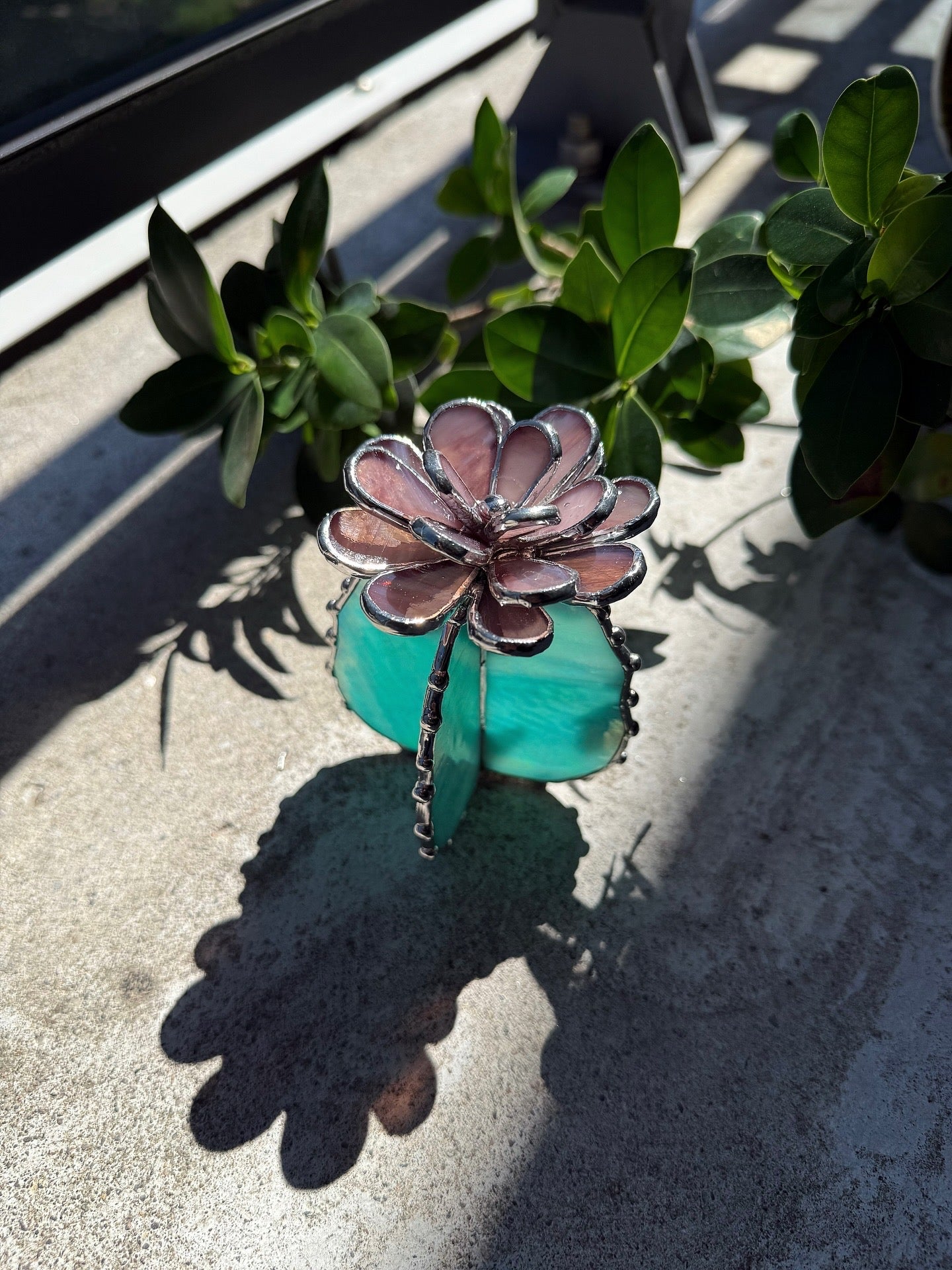 "Cactus XL Purple Turquoise Iridescent", Stained glass Succulent 3D, Cacti, house plant for flower pot, Sun catcher, glass art