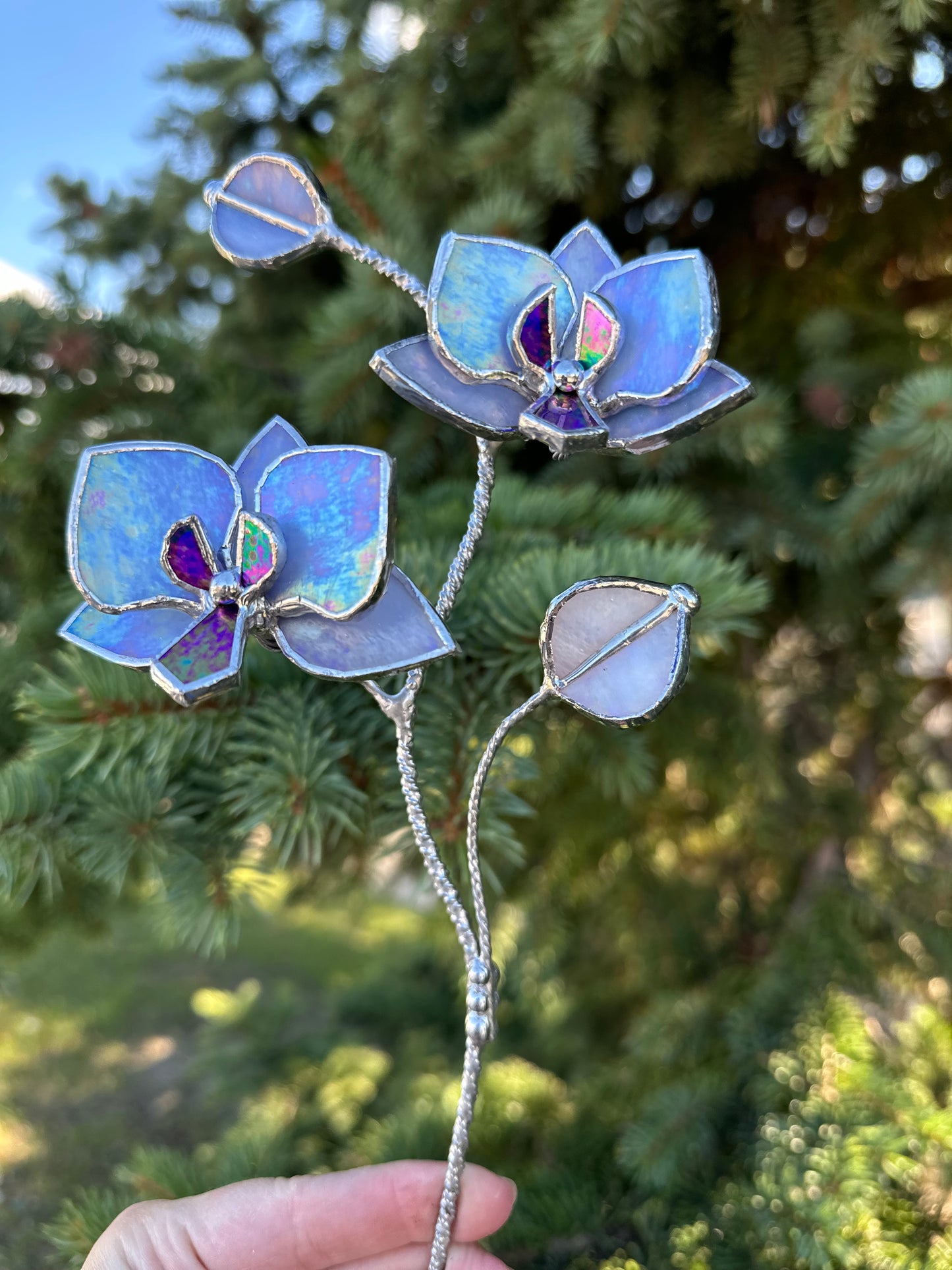 " . Lavender iridescent Orchid flower stick, Plant stake 2 flowers no pot” Stained glass tropical flower 3D, Sun catcher, Table plant, Garden stick, Outdoor and gardening decor