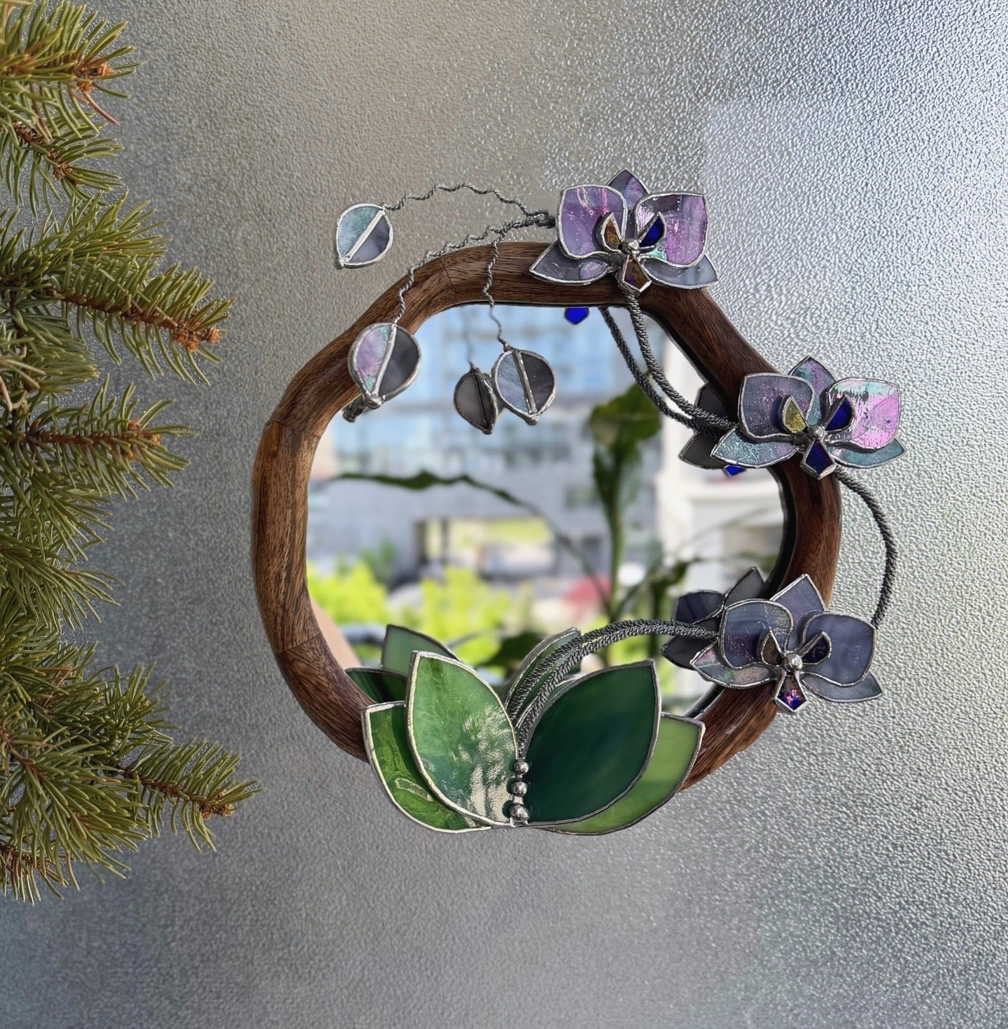 " . Amethyst & Lilac luminescent Orchid Mirror”, Stained glass flower Wall decor, Suncatcher, Home wedding Decor, Christmas gift available new
