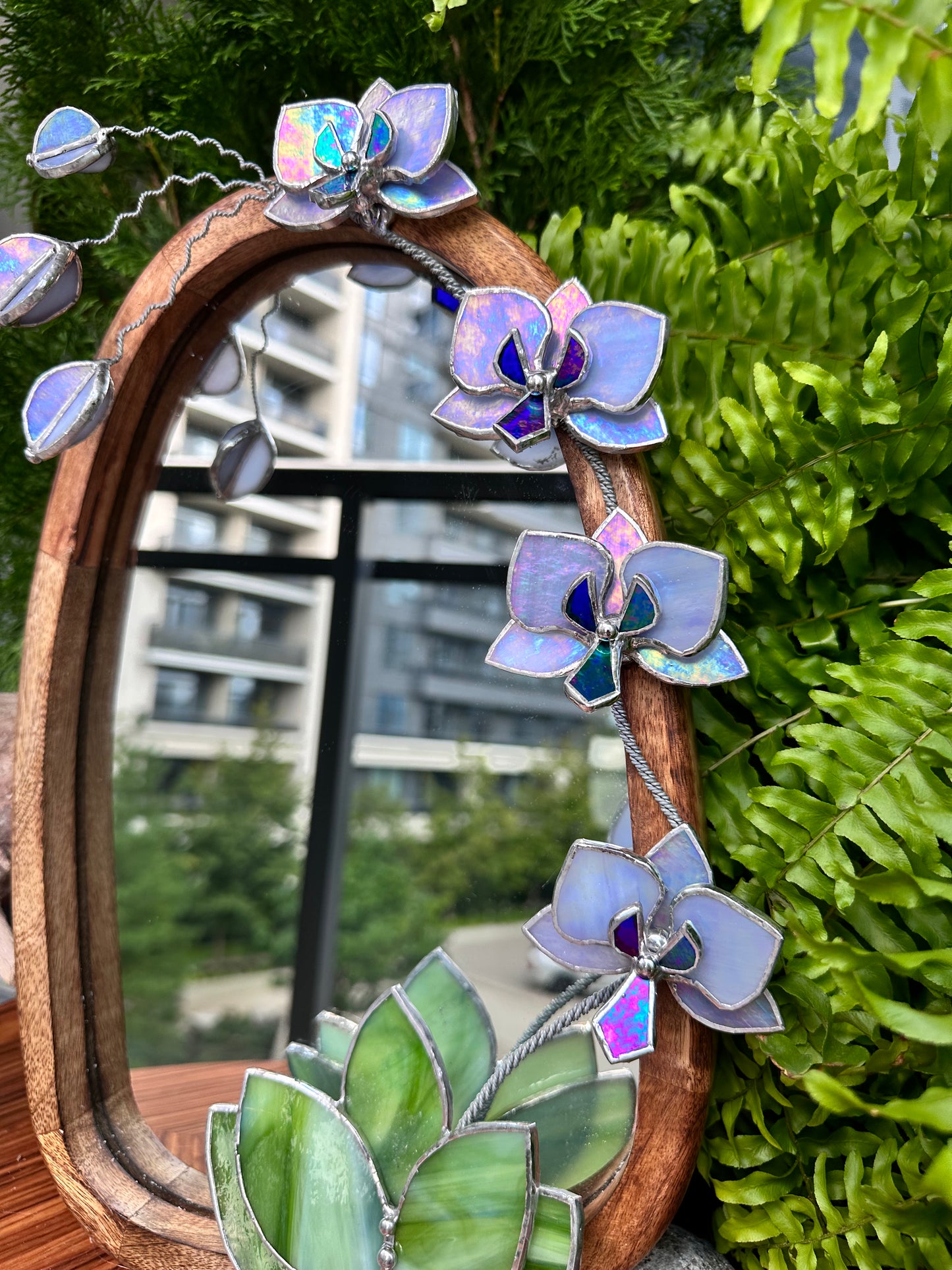 " .Lavender iridescent Orchid Mirror”, Stained glass flower Wall decor, Suncatcher, Home wedding Decor, Christmas gift