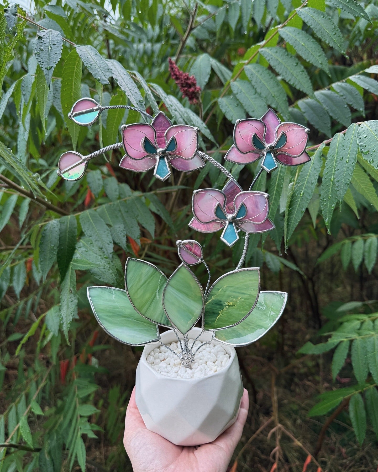 " . Candy Pink iridescent Orchid 3 flowers with pot” Stained glass tropical flower 3D, Sun catcher, Table plant, Garden stick, Outdoor and gardening decor