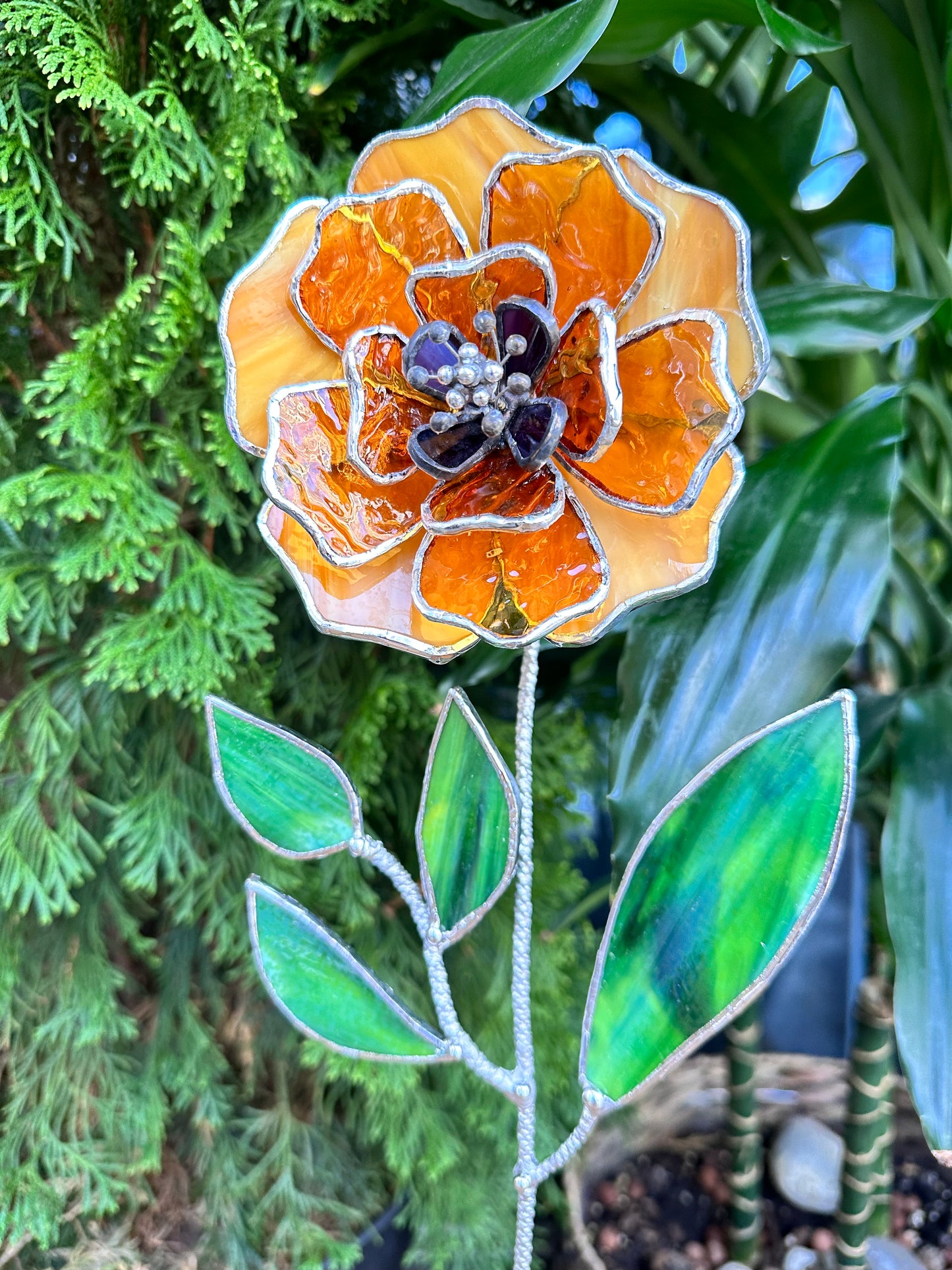 " . Amber Peony Stained glass flower, tropical 3D Sun catcher, Table plant decor, wedding gift