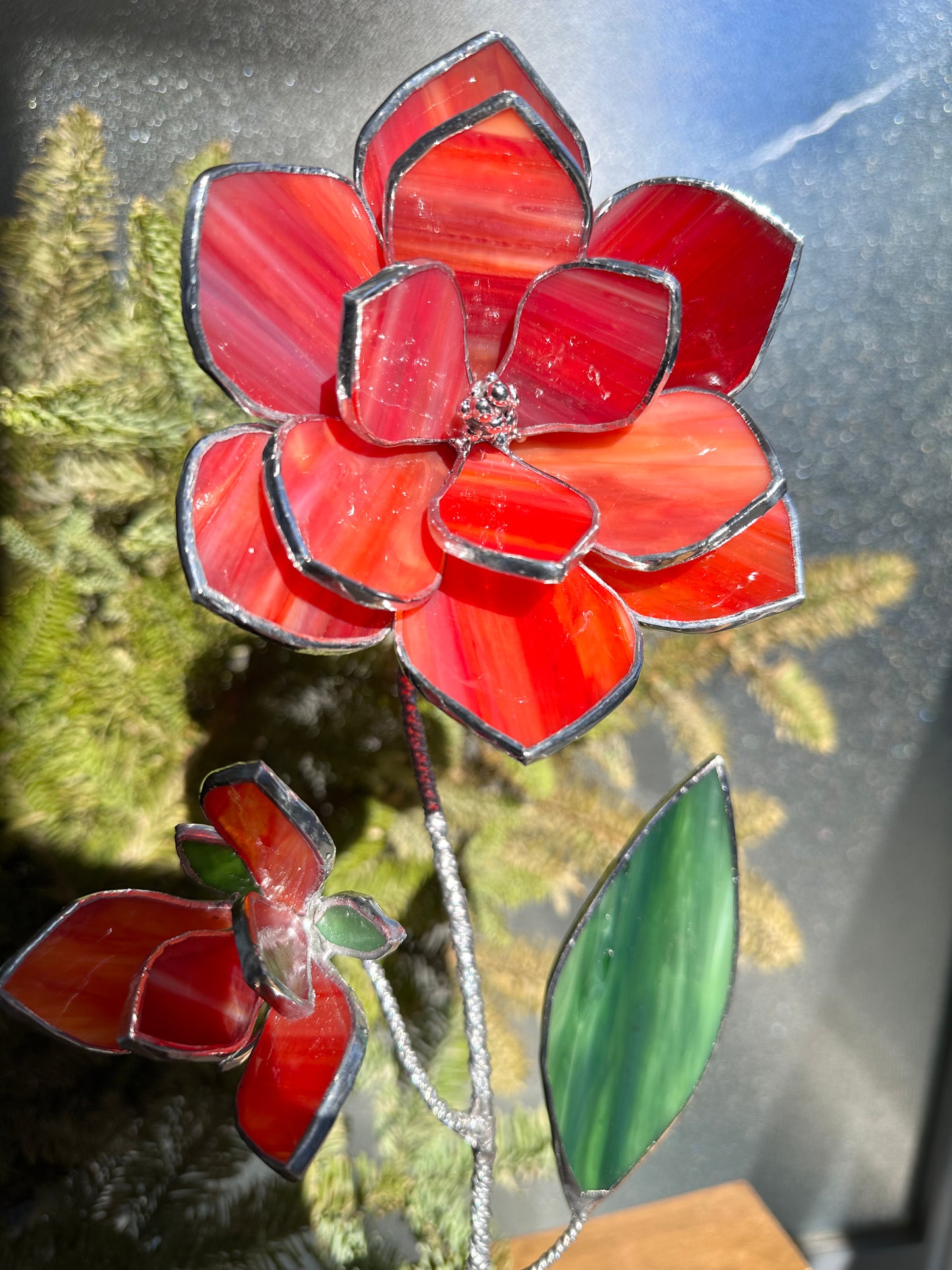".Magnolia Bright Red & Amber with bud" Stained glass tropical flower Suncatcher Iridescent 3D, Table plant cactus decor, Home Garden stake, Mother’s Day gift, Outdoor and gardening, pot