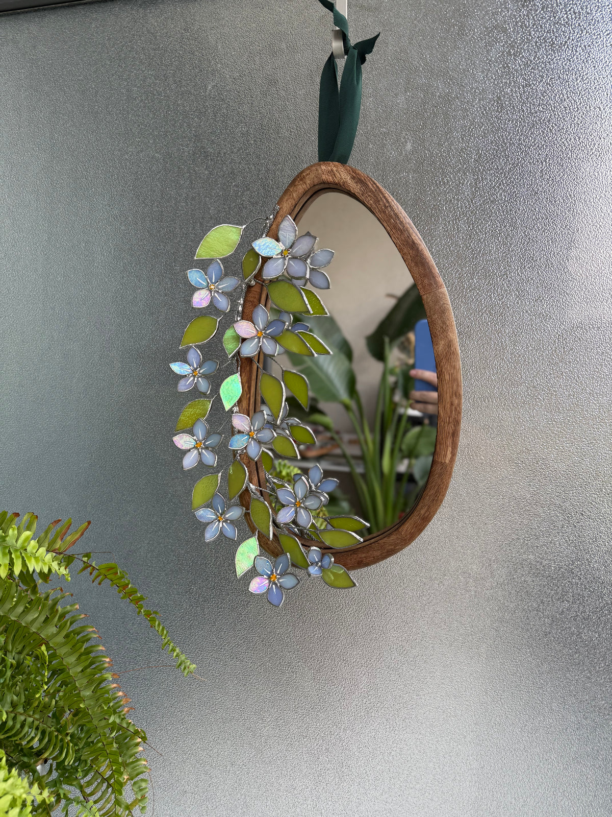 .Forget Me Not iridescent Stained glass Flower Mirror, 3D Botanical Floral Wall Art ready new