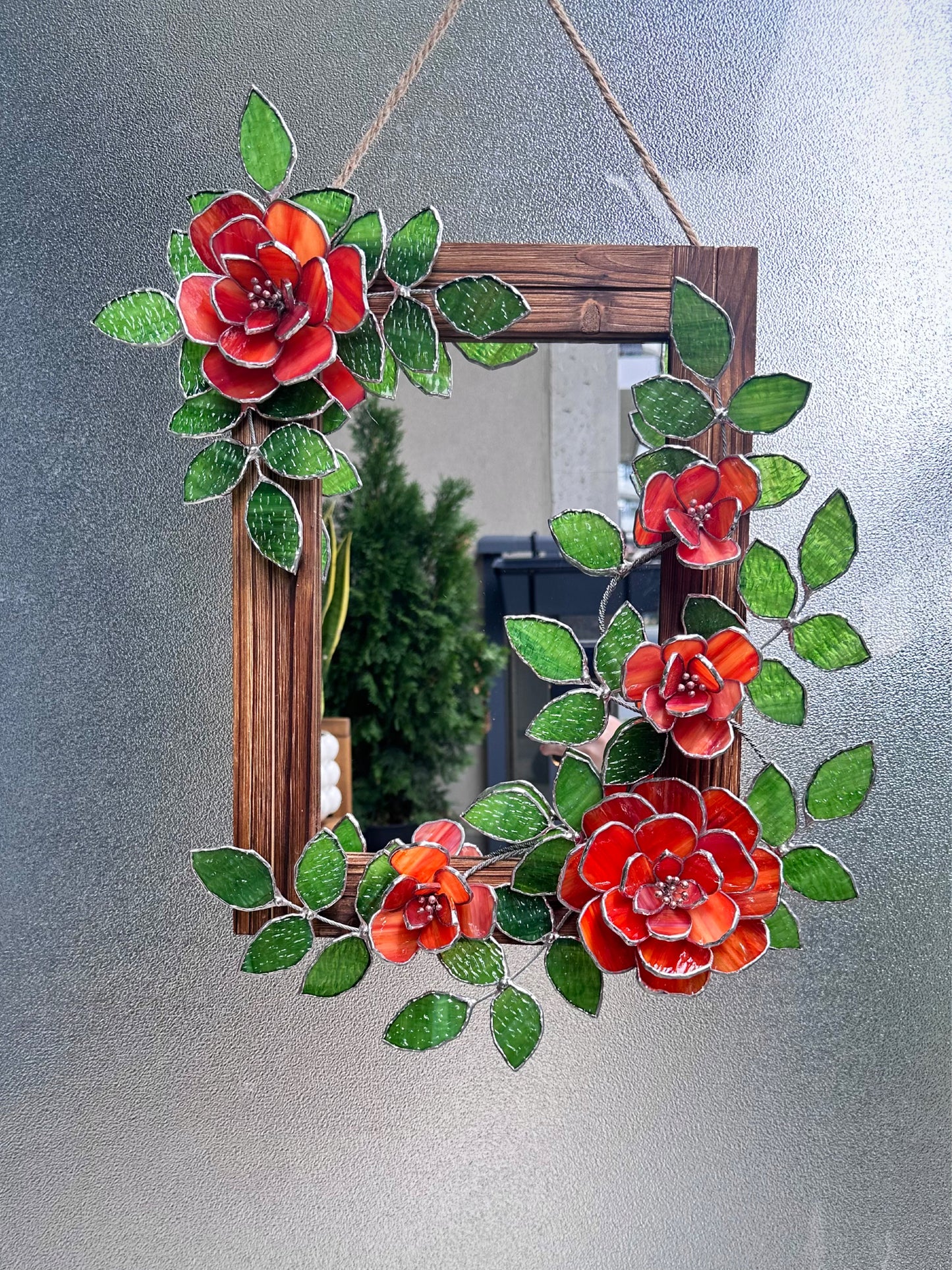 " .Flower Mirror Red Roses, Stained glass Wedding Wall Decor Christmas gift, Suncatcher, available