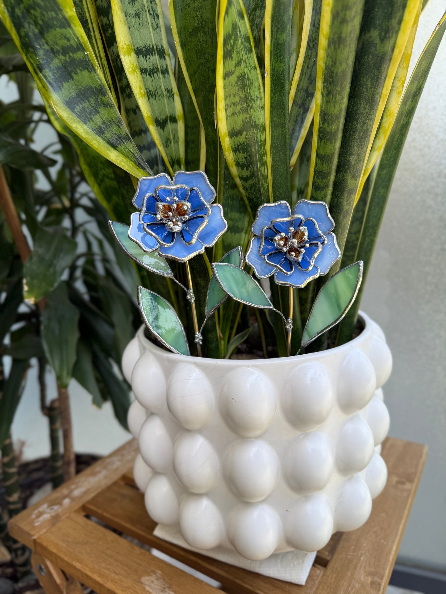 " . Blue Peony flower stick, Plant stake no pot” Stained glass tropical flower 3D, Sun catcher, Table plant, Garden stick, Outdoor and gardening decor