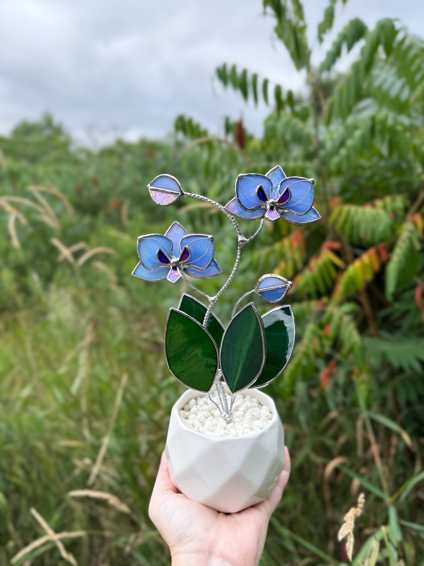 " . Blue Lavender Orchid, 2 flowers with pot” Stained glass tropical flower 3D, Suncatcher, Table plant decor