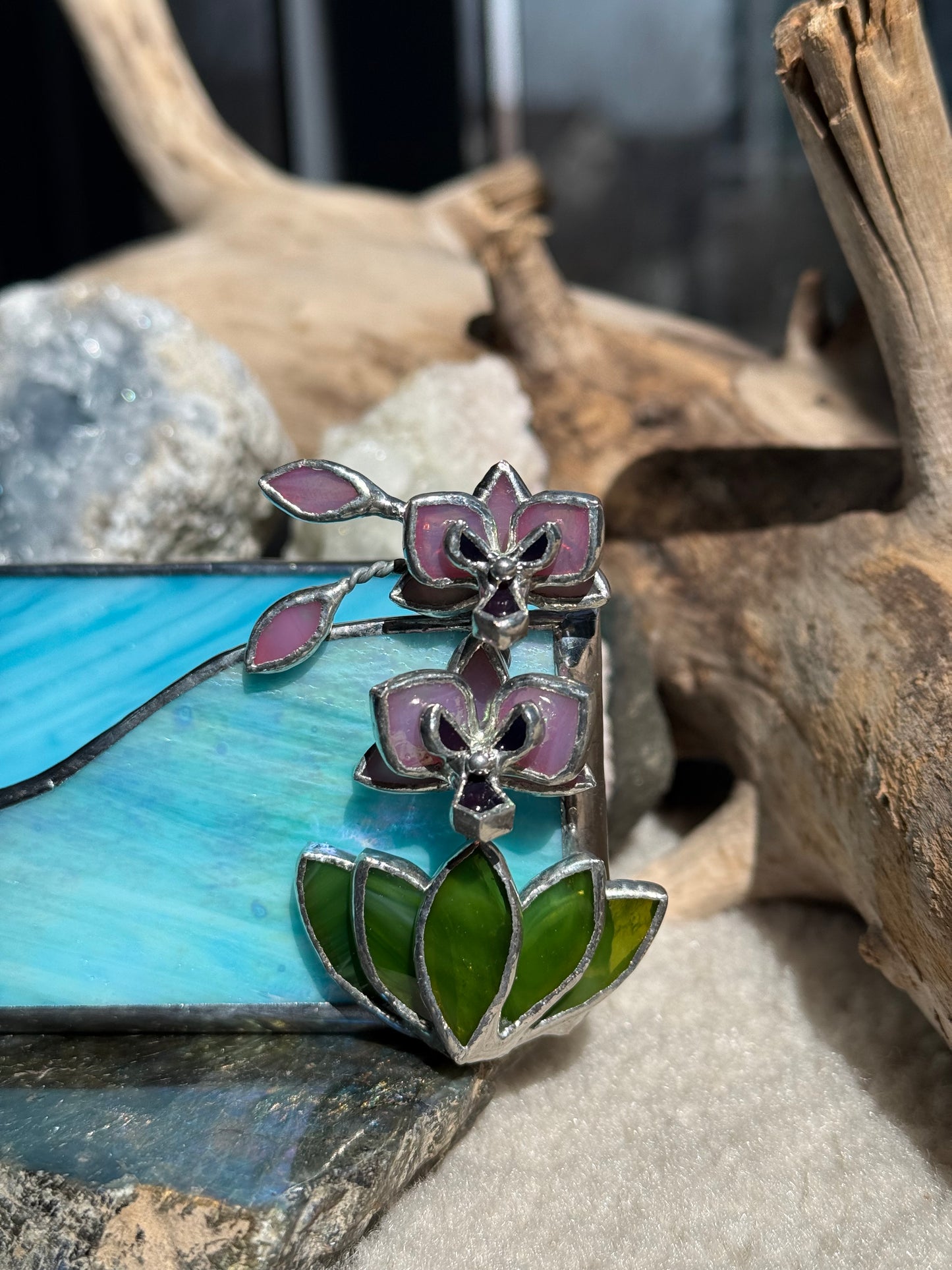 " . CHOOSE COLOR Business Card Holder with orchid”, stained glass art, floral decor, wedding decorations, interior, Mother’s Day gift
