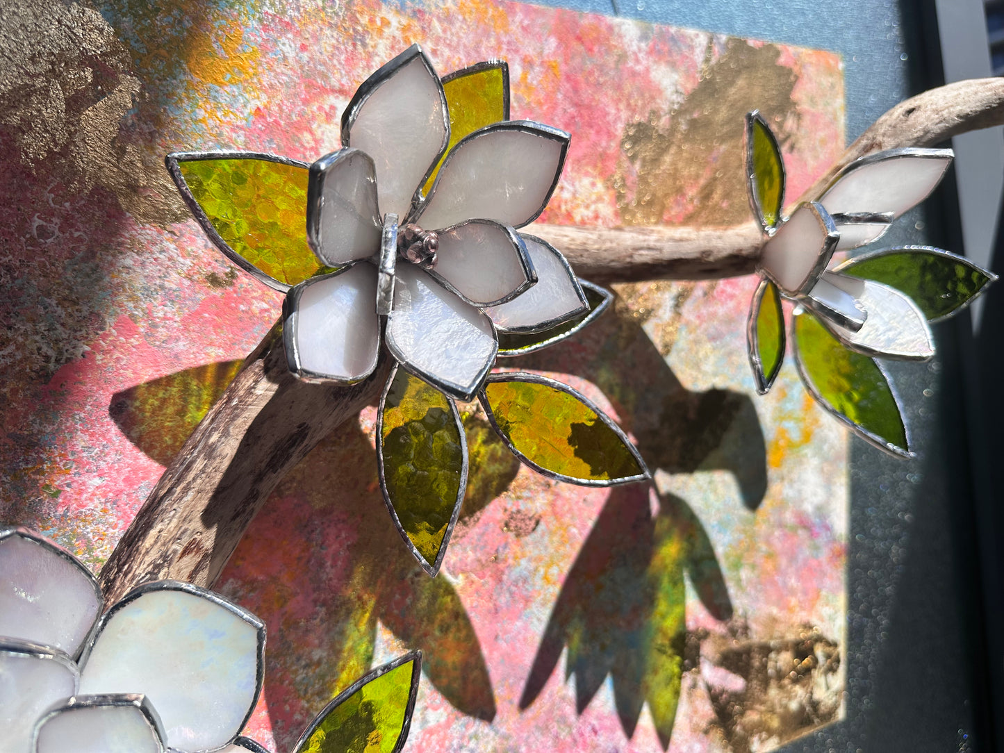 ". Acrylic painting ‘Spring Magnolia’ with stained glass 3D flowers, Wall decor, Wedding, Christmas gift