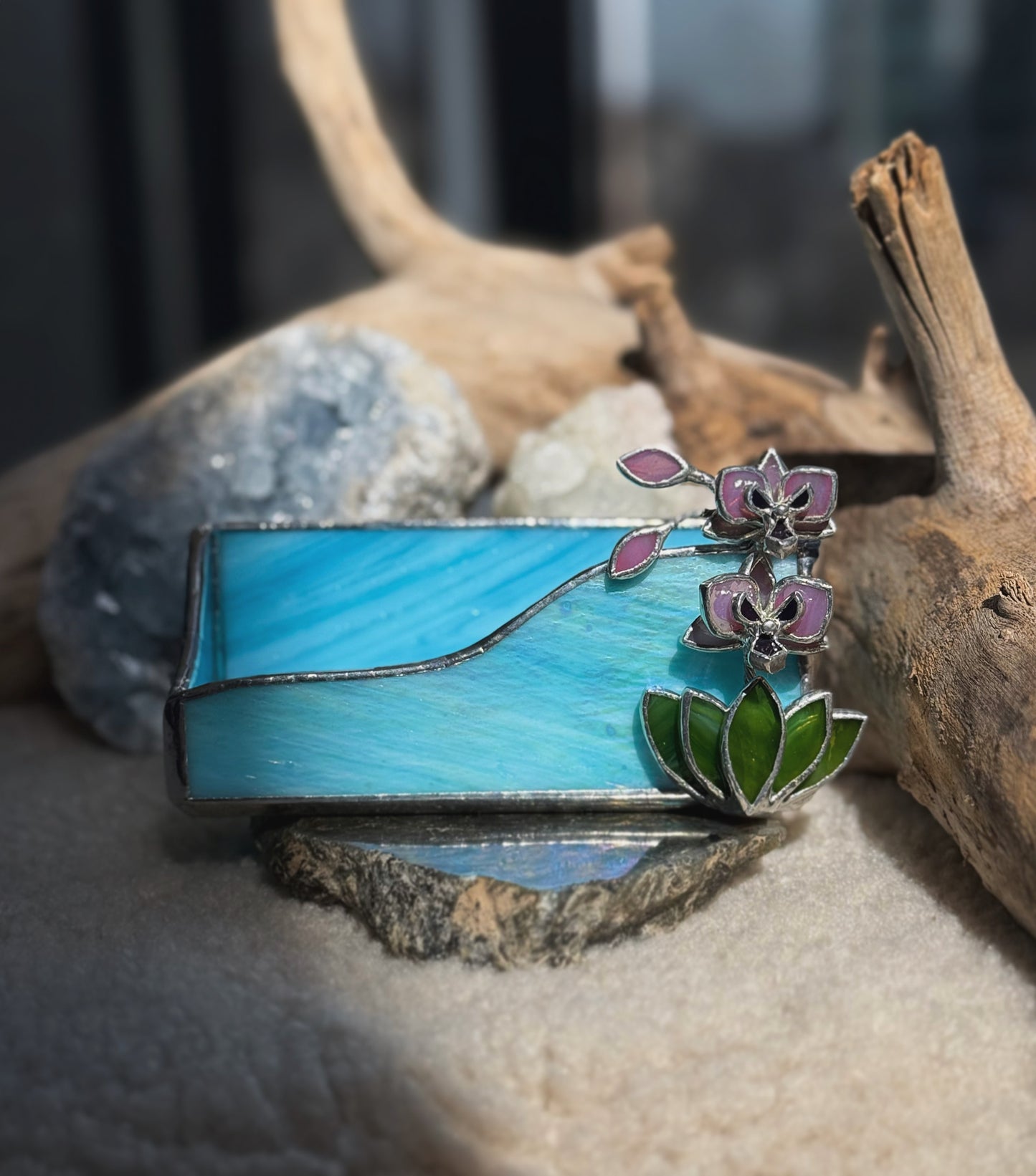 " . CHOOSE COLOR Business Card Holder with orchid”, stained glass art, floral decor, wedding decorations, interior, Mother’s Day gift