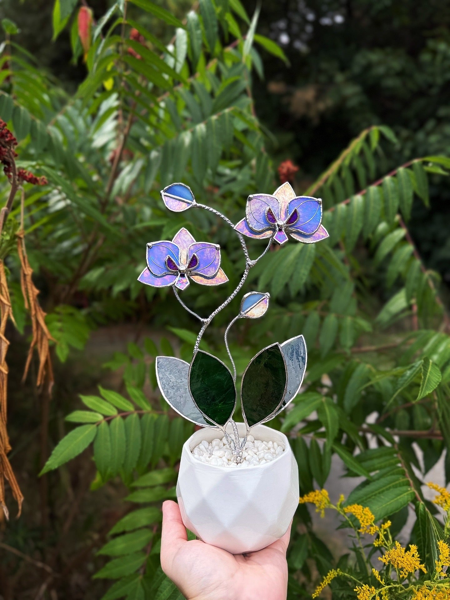 " . Blue Lavender Orchid, 2 flowers with pot” Stained glass tropical flower 3D, Suncatcher, Table plant decor