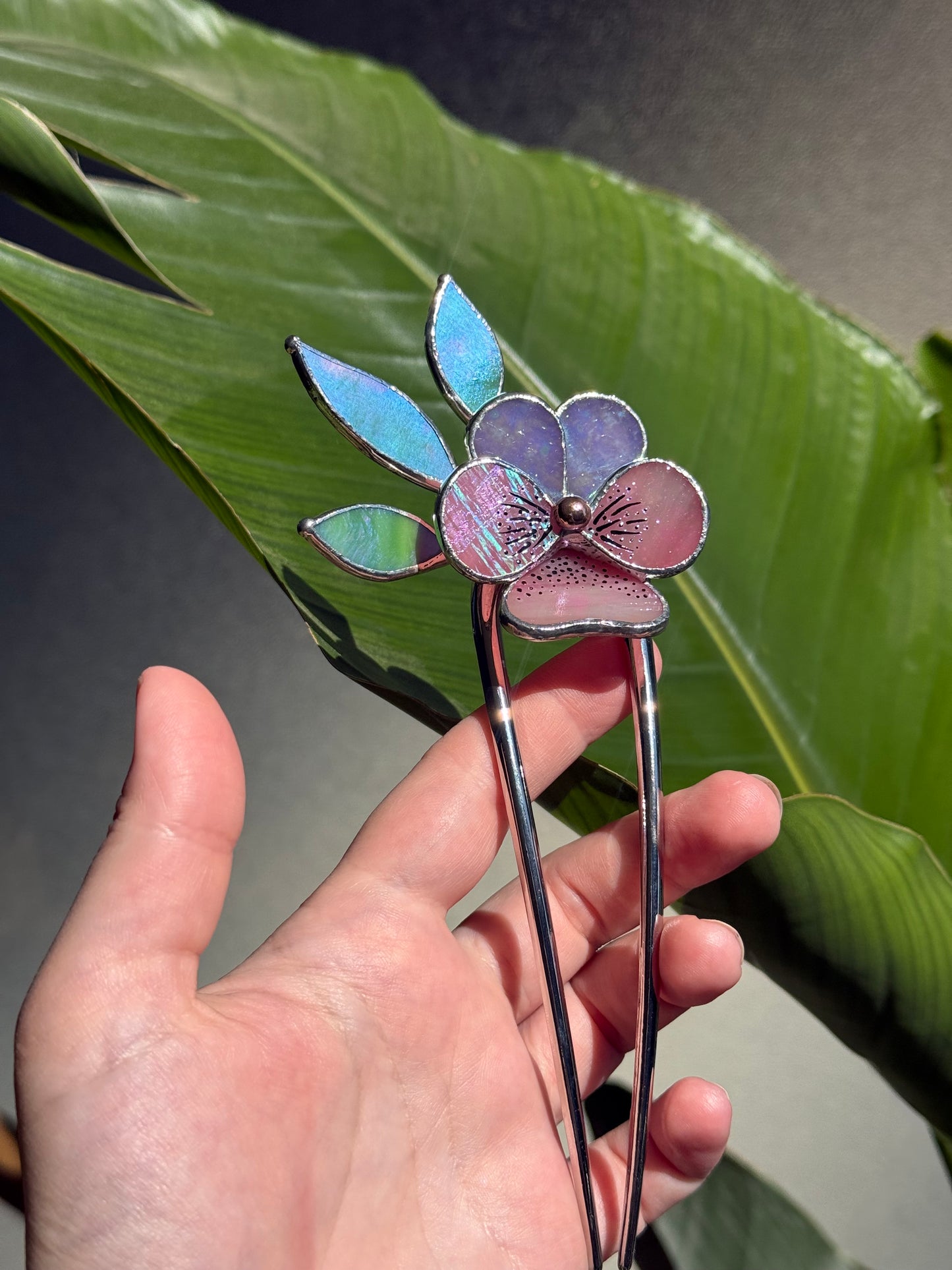 Hair Pin Stained Glass Pansy Flower CHOOSE COLOR Handmade Floral Accessories
