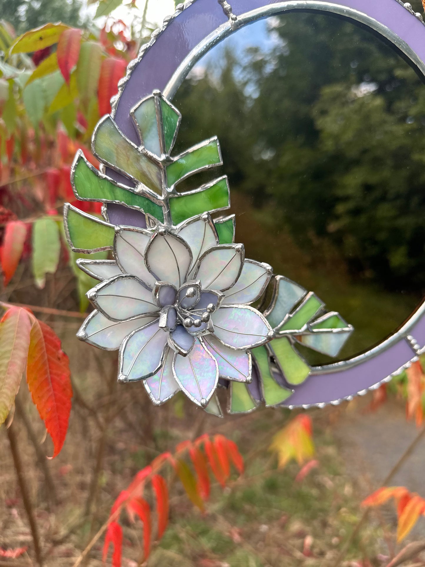 " . Blooming Monstera' Stained glass flower Mirror, Suncatcher, Art