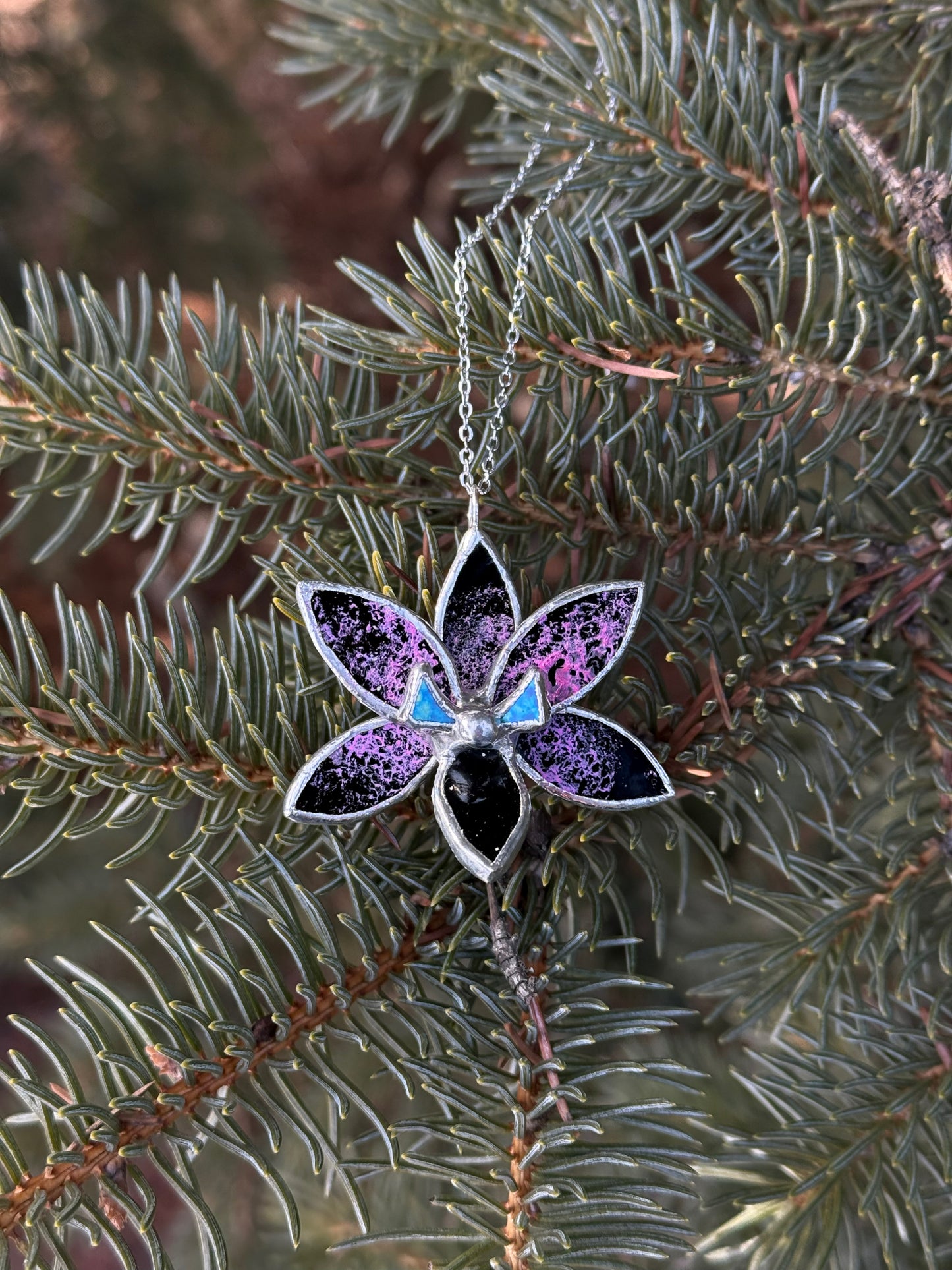" . Preorder Necklace Tropical Orchid Black tiger” Stained glass tropical flower 3D, art jewelry