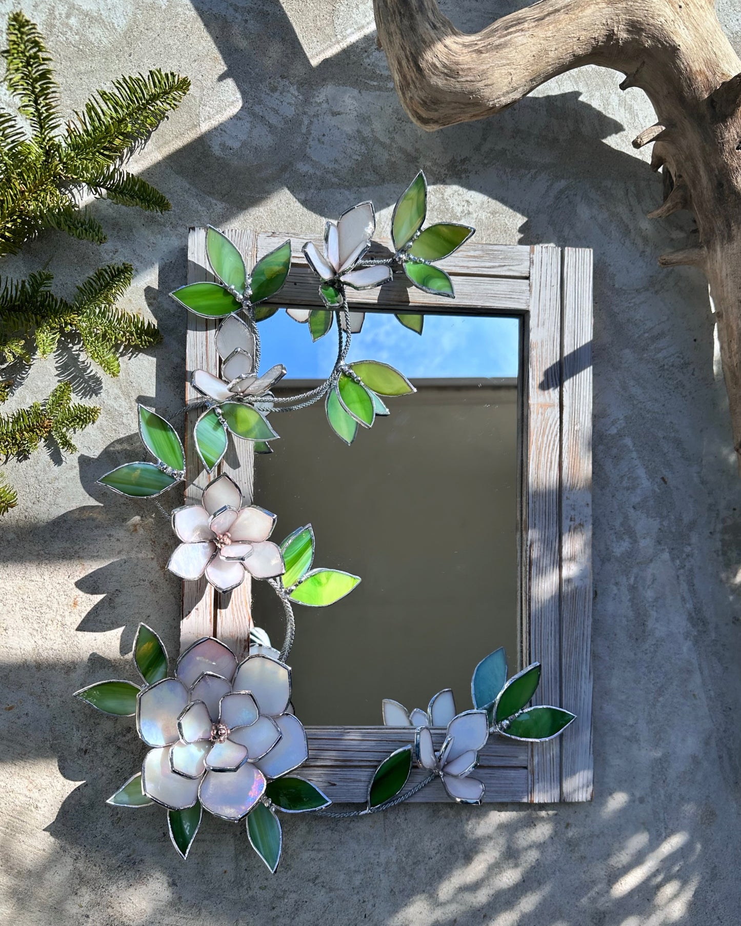 " . Magnolia White Pearl Stained glass flower Mirror Wedding Wall Decor Christmas gift Everlasting, Suncatcher, succulent,