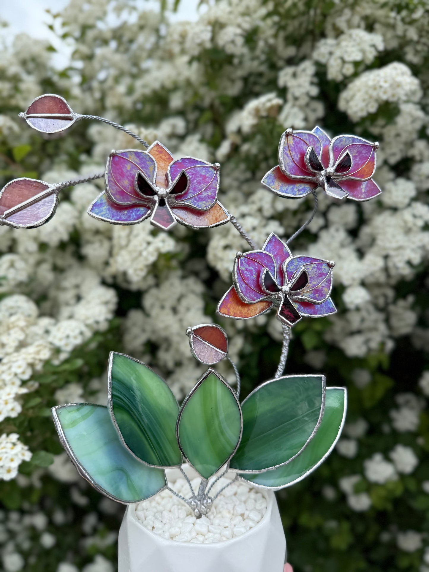 " . Berry red iridescent Orchid 3 flowers with pot” Stained glass tropical flower 3D, Sun catcher, Table plant, Garden stick, Outdoor and gardening decor available new