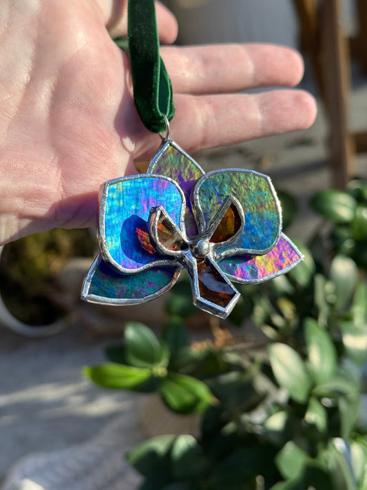 " . Orchid flower Indigo irid, Stained glass Decorative ORNAMENT, Christmas decoration, Suncatcher