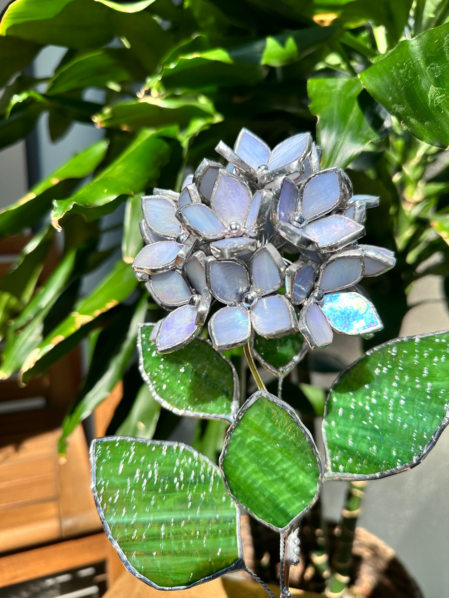 " . Lavender blue Hydrangea bunch iridescent in the pot”, Stained glass tropical flower 3D, Sun catcher, Table plant, Garden stick, Outdoor and gardening decor