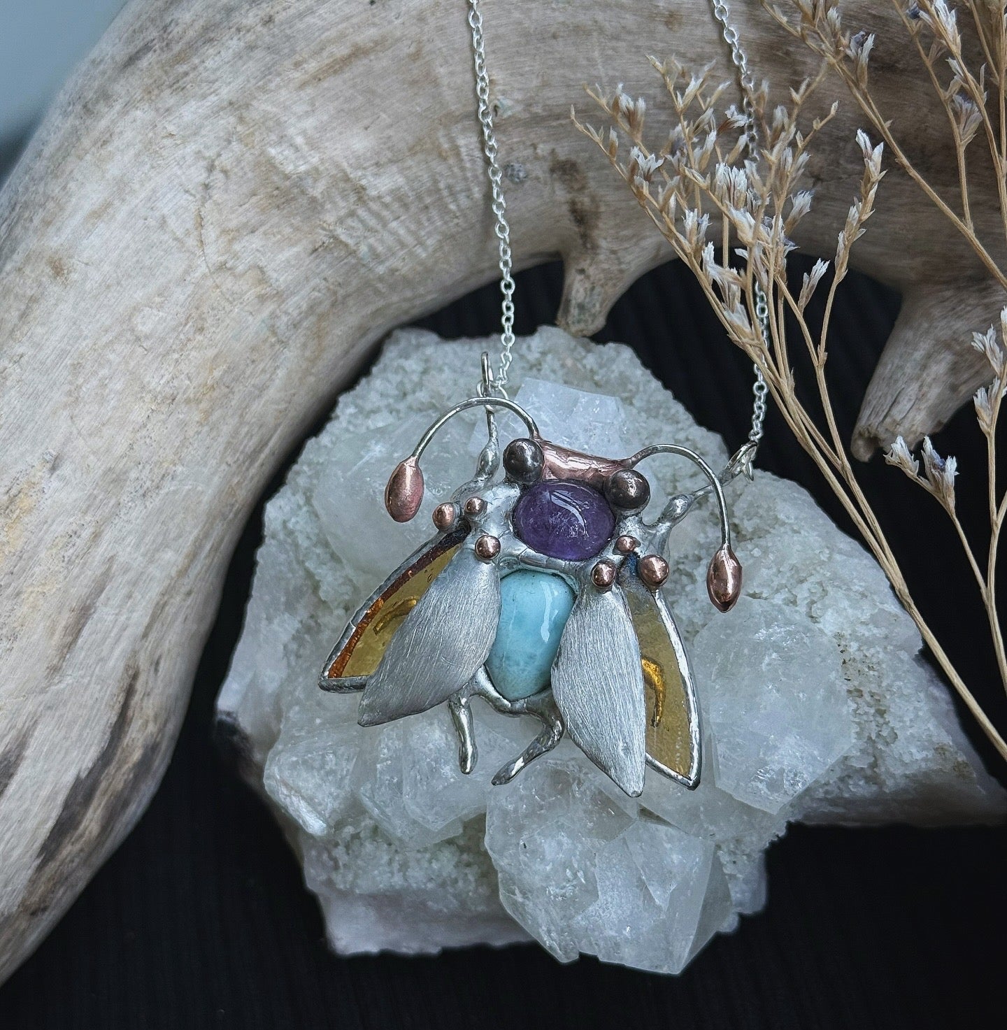 " . Bug necklace Magic Moth with Blue Larimar & Amethyst”, stained glass art jewelry pendant 3D wedding jewelry Mother’s Day gift