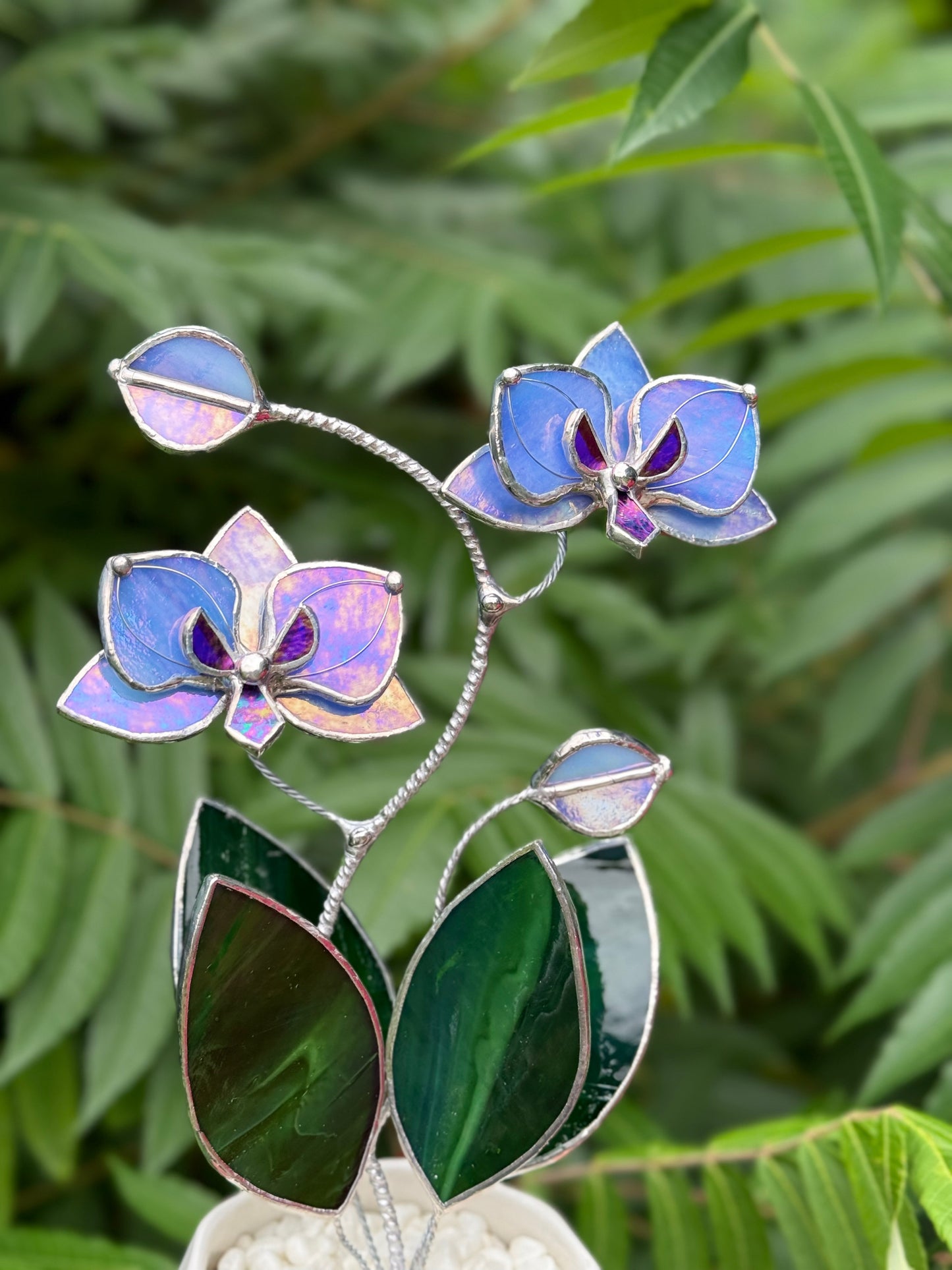 " . Blue Lavender Orchid, 2 flowers with pot” Stained glass tropical flower 3D, Suncatcher, Table plant decor