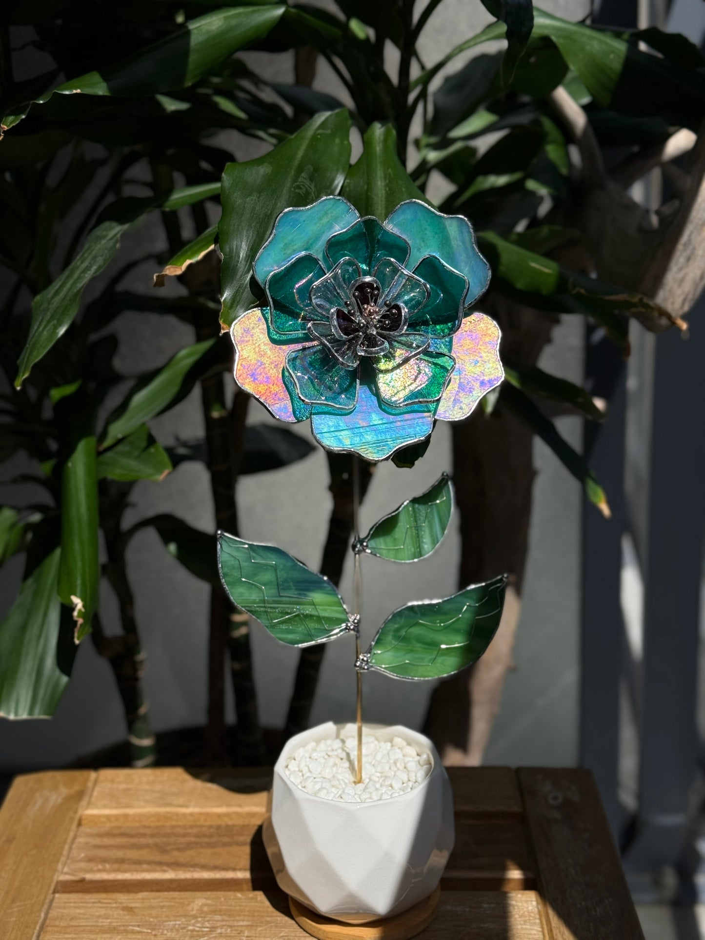 " . Beautiful Peony Turquoise Iridescent" Stained glass tropical flower 3D, Sun catcher, Table plant, Garden stake, wedding decor, Christmas gift