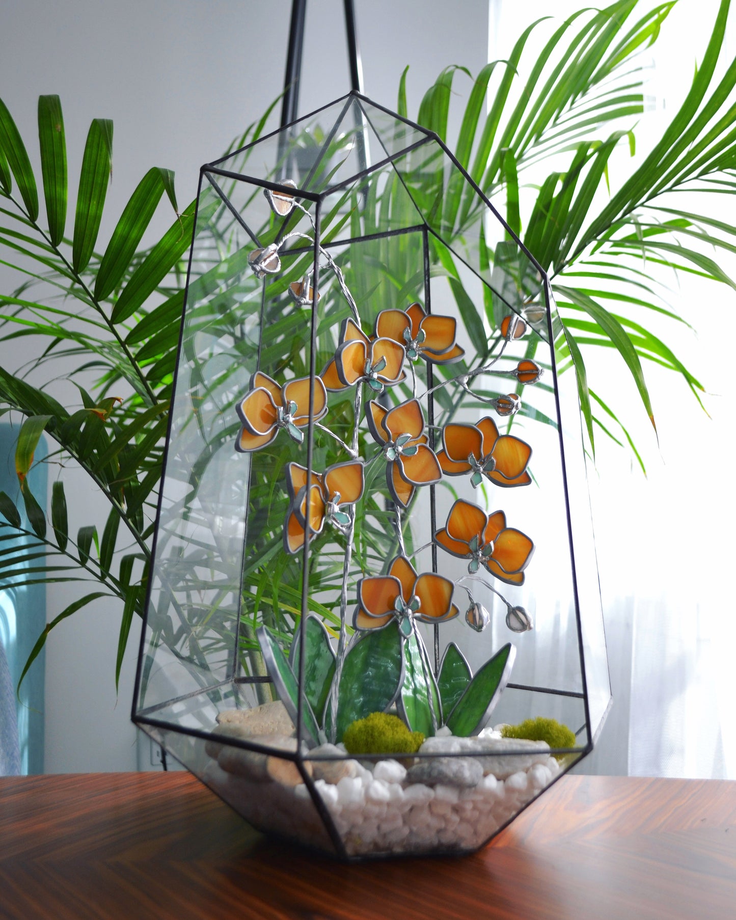 " .Geometric glass 3D terrarium Asymmetrical with stained glass orchids. Wedding glass decor, Mother’s Day gift, glass art, suncatcher, succulents, cacti