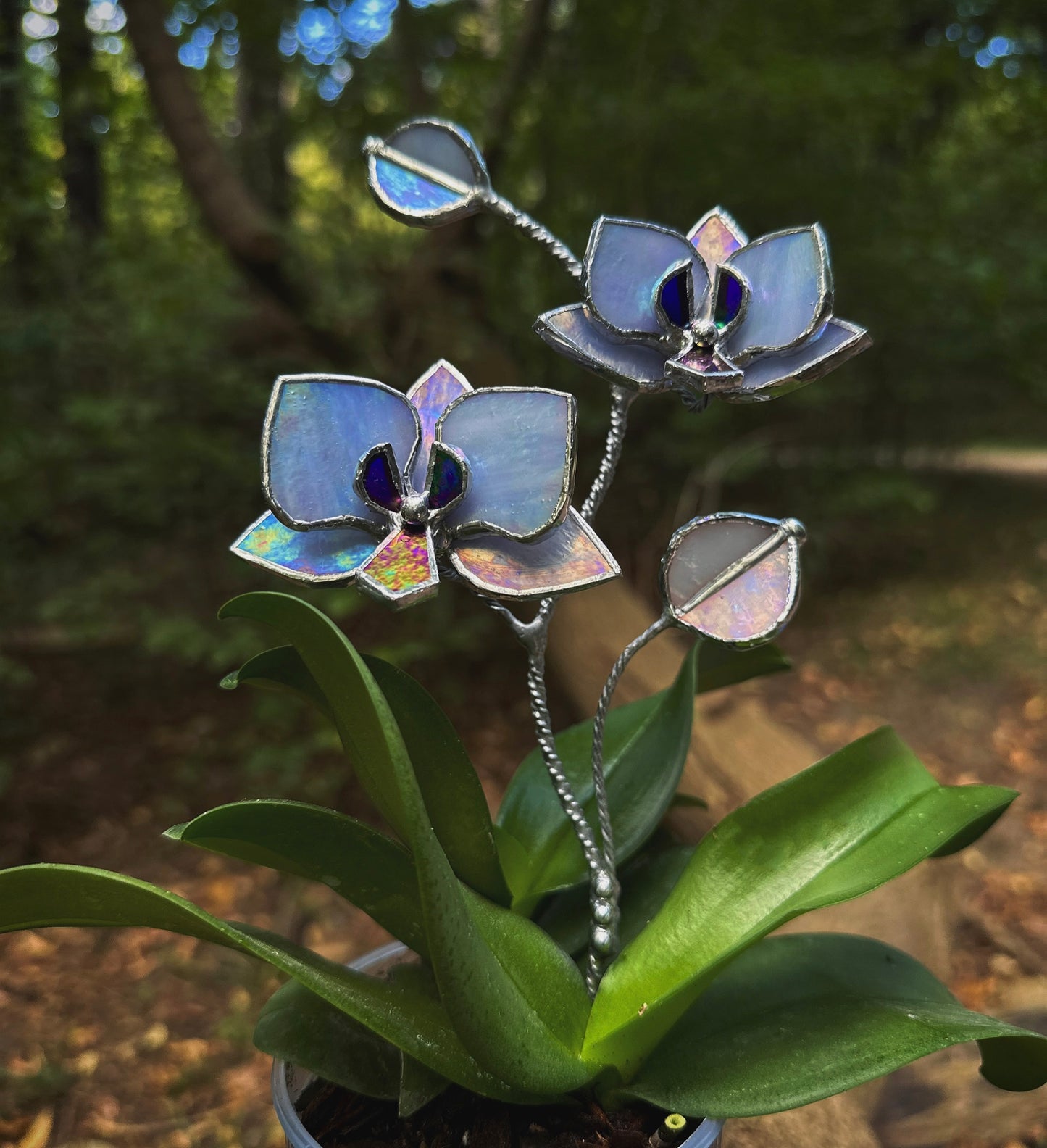 " . Lavender iridescent Orchid flower stick, Plant stake 2 flowers no pot” Stained glass tropical flower 3D, Sun catcher, Table plant, Garden stick, Outdoor and gardening decor
