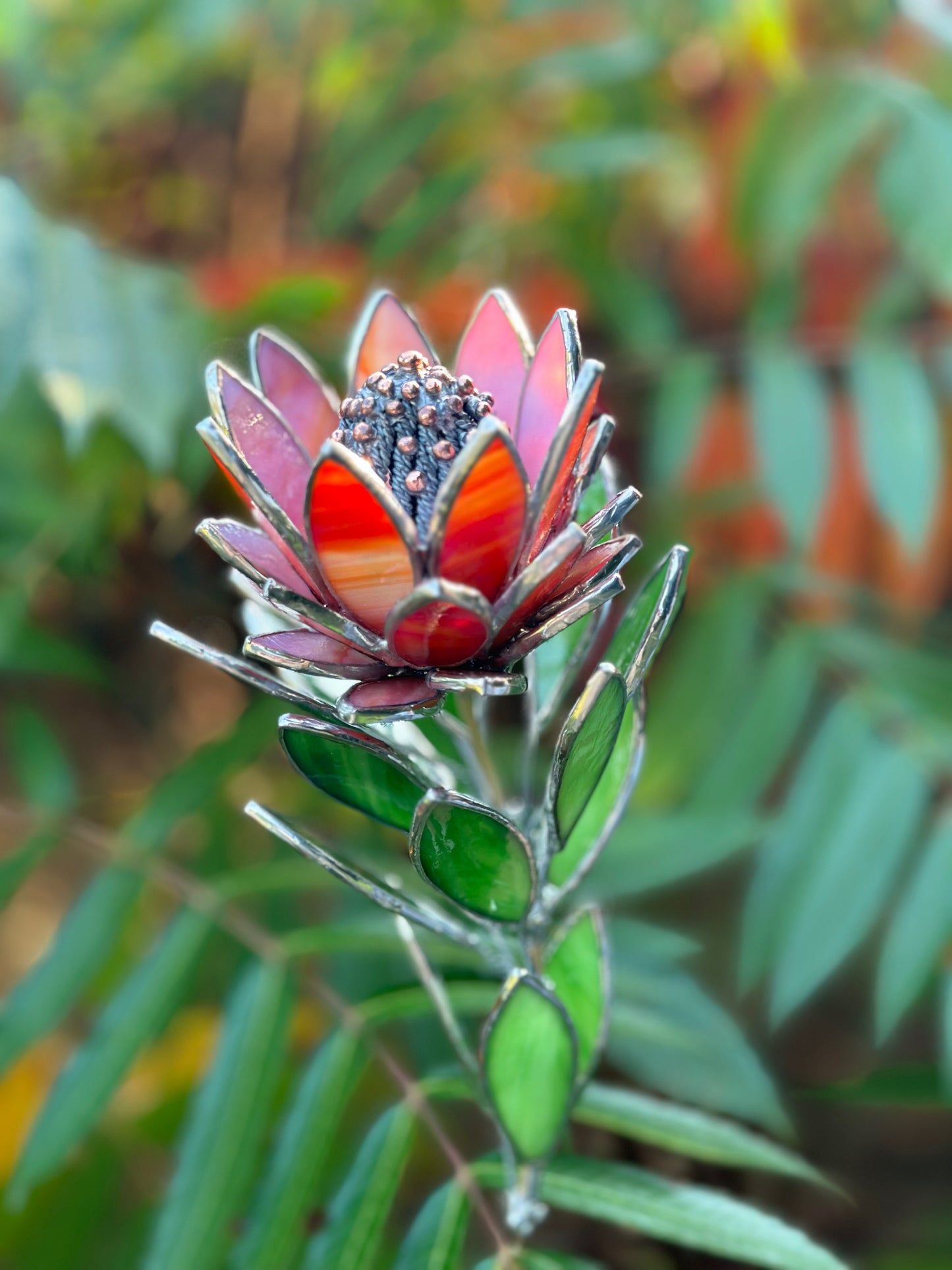 " . Amber&Red irid Protea Stained glass flower in the pot, tropical 3D Sun catcher, Table plant decor, wedding gift