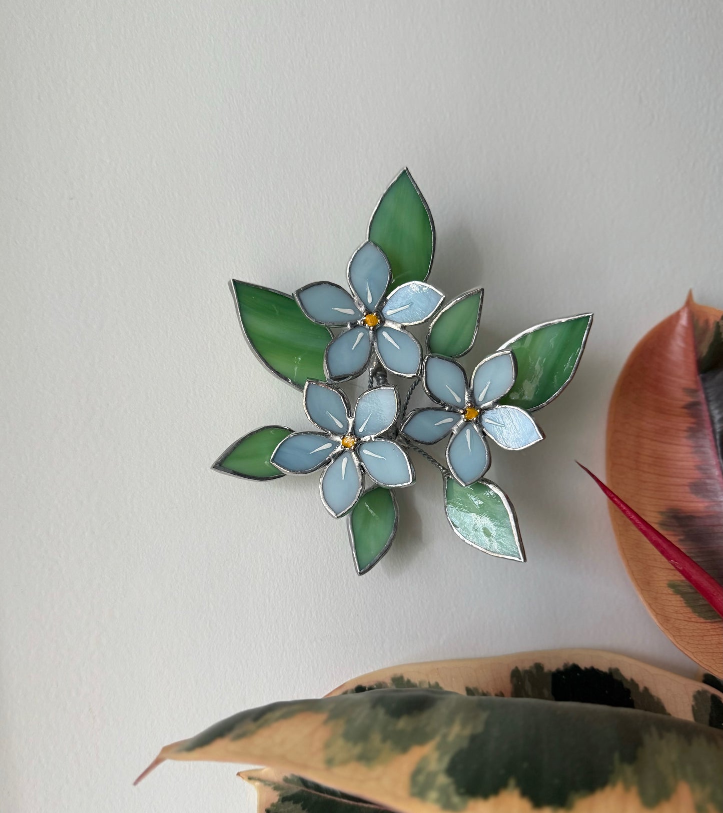 .Forget me Not Flower Bouquet Stained Glass Wall Decor, Glass Suncatcher Wall Decor ready