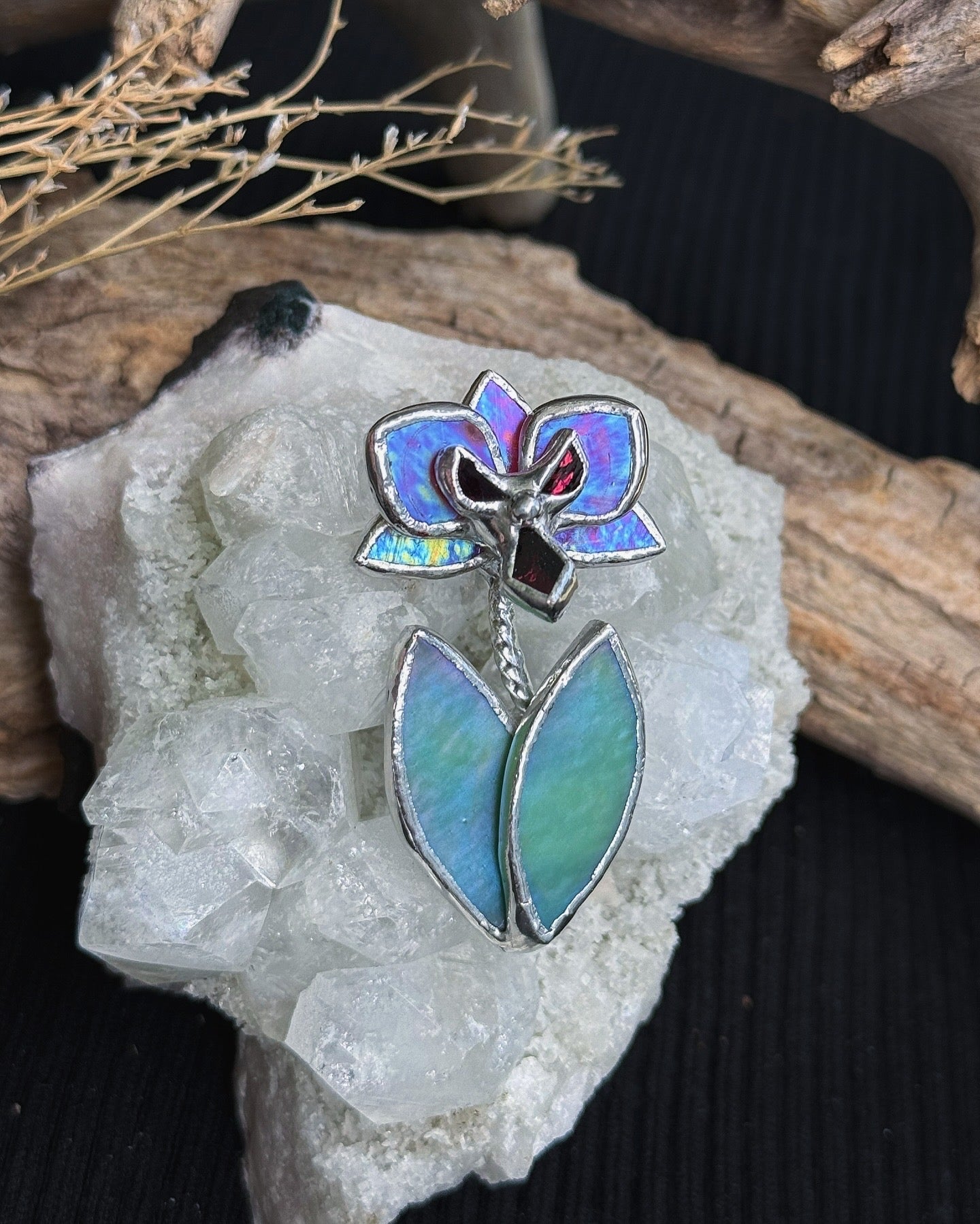 " . Brooch Orchid Berry Red iridescent” Stained glass tropical flower 3D